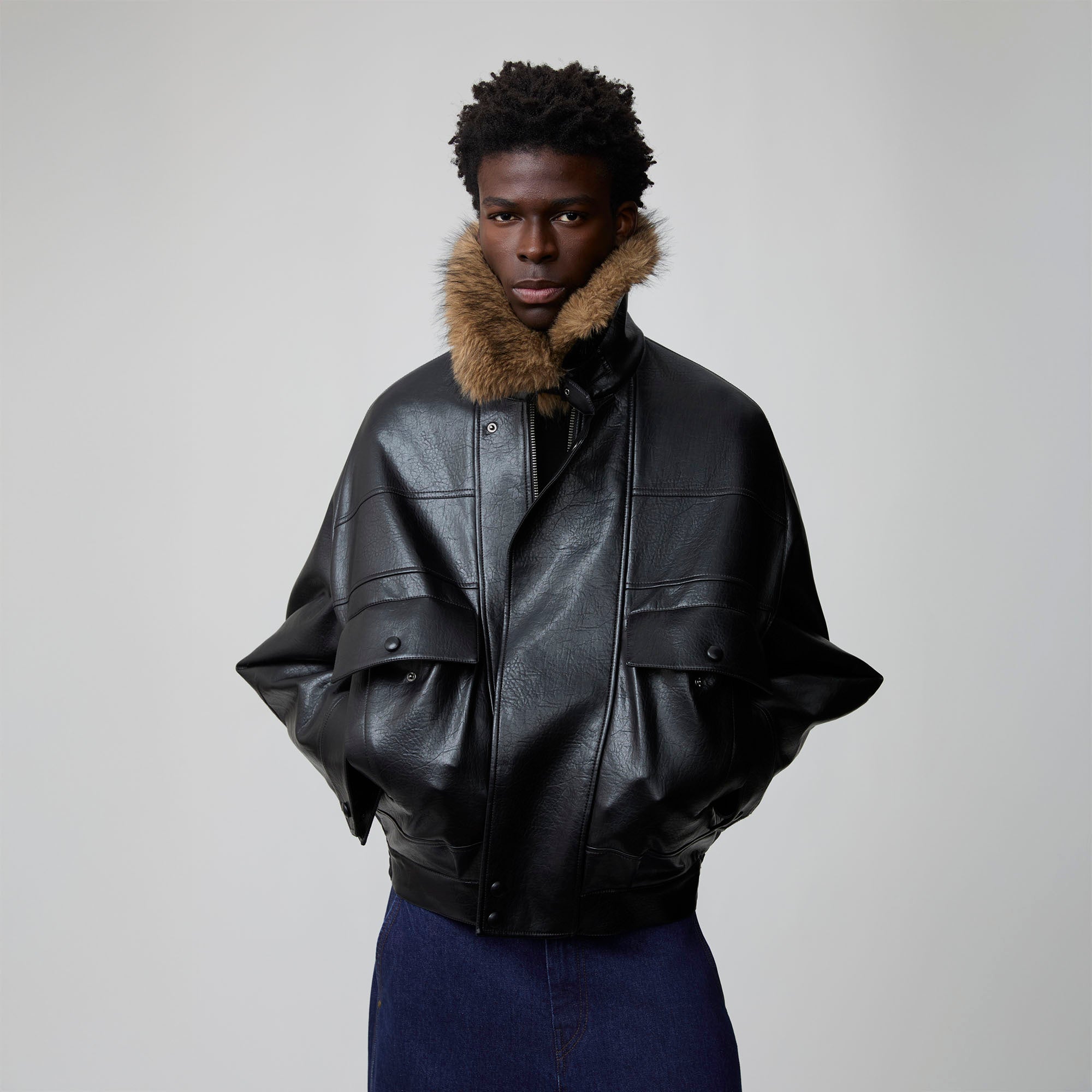 OPICLOTH Detachable Faux Fur-Collar PU Bomber-Jacket-XS-Free Shipping Leatheretro