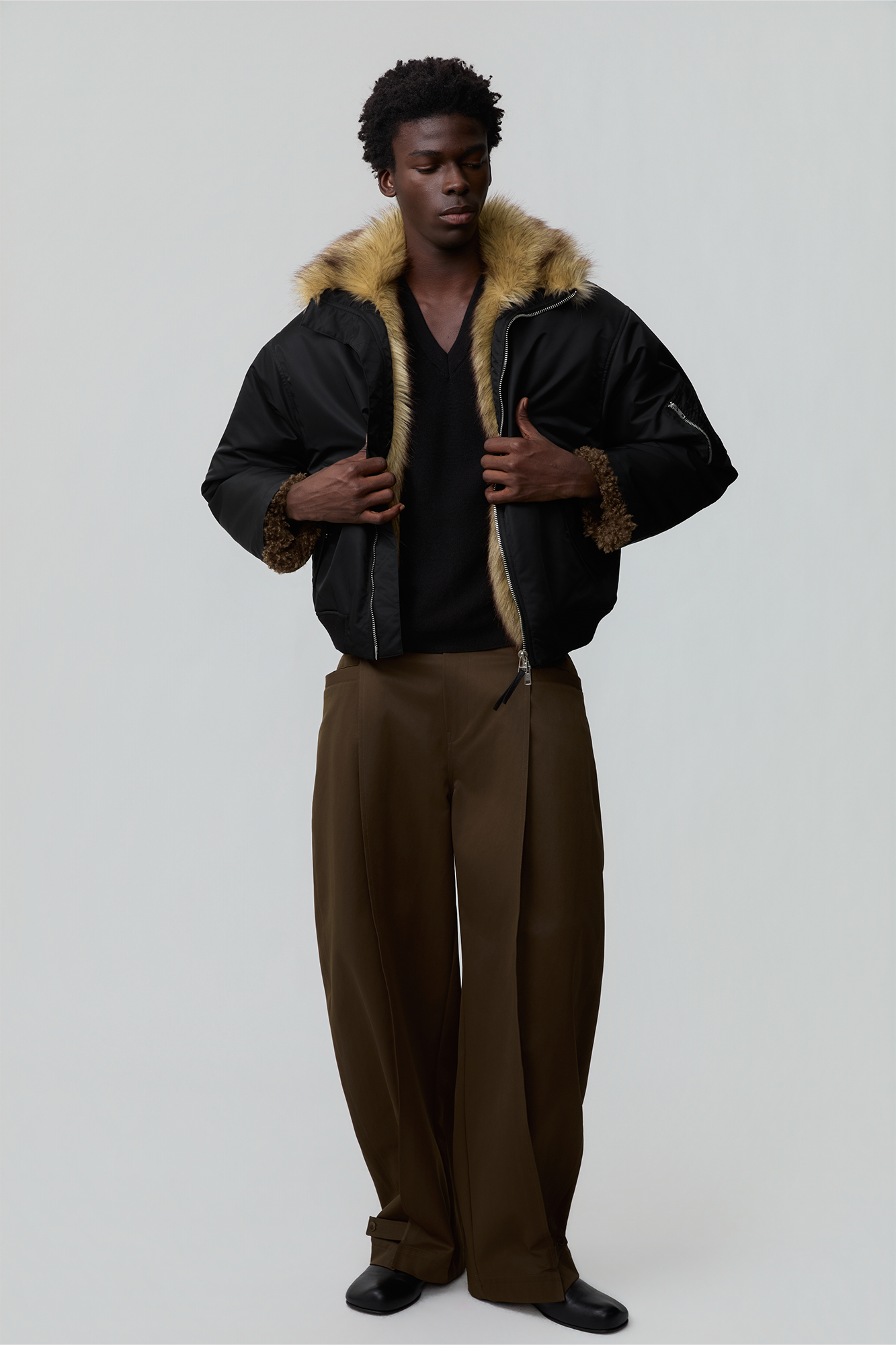 OPICLOTH Faux Fur-Lined Spliced Bomber Jacket-Jacket-XS-Free Shipping Leatheretro
