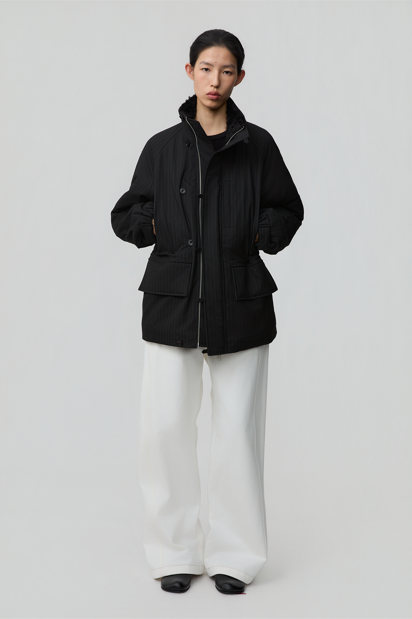 OPICLOTH Pinstriped Faux Fur-Lined Drawstring Jacket-Jacket-XS-Free Shipping Leatheretro