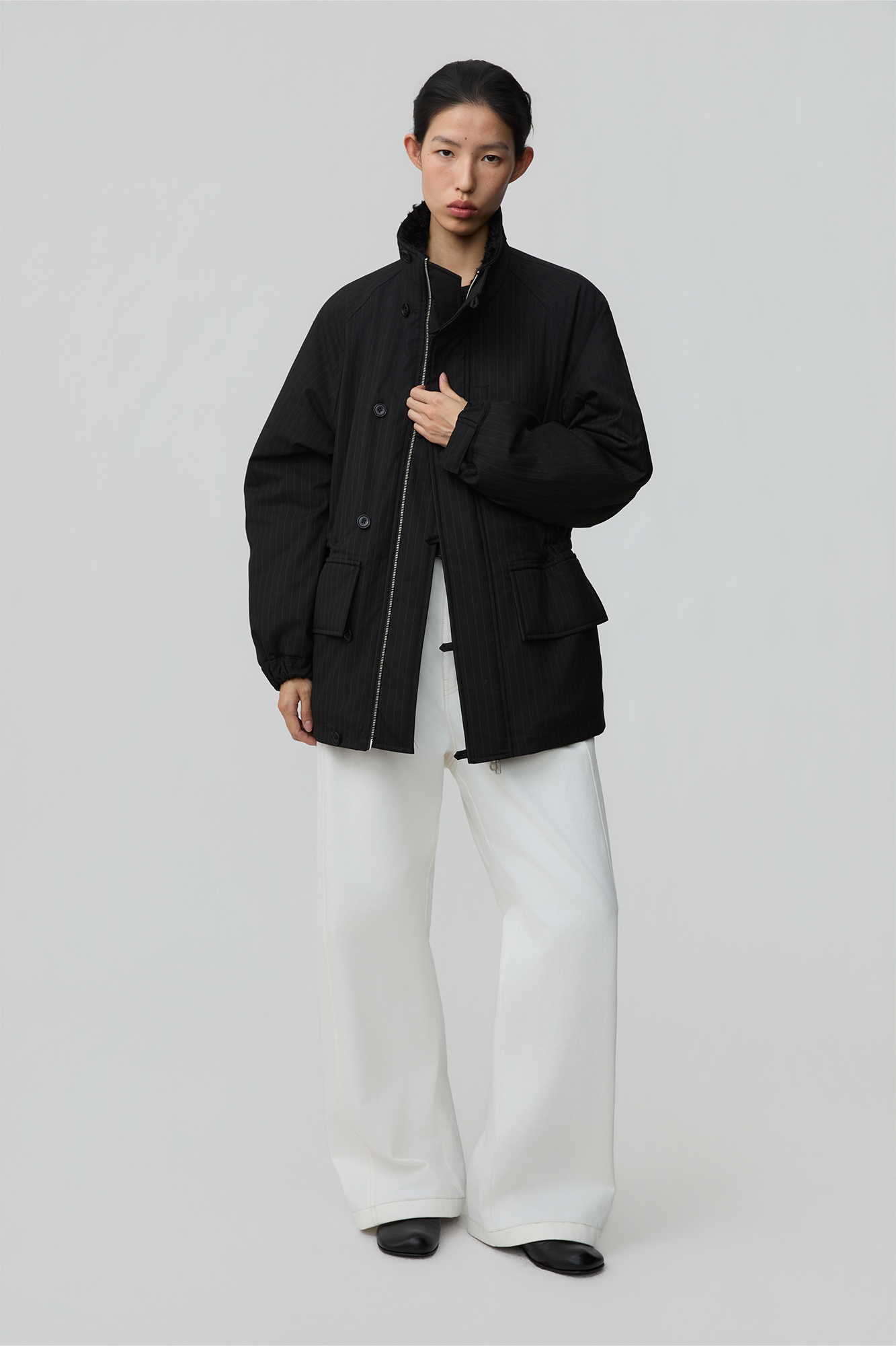 OPICLOTH Pinstriped Faux Fur-Lined Drawstring Jacket-Jacket-XS-Free Shipping Leatheretro