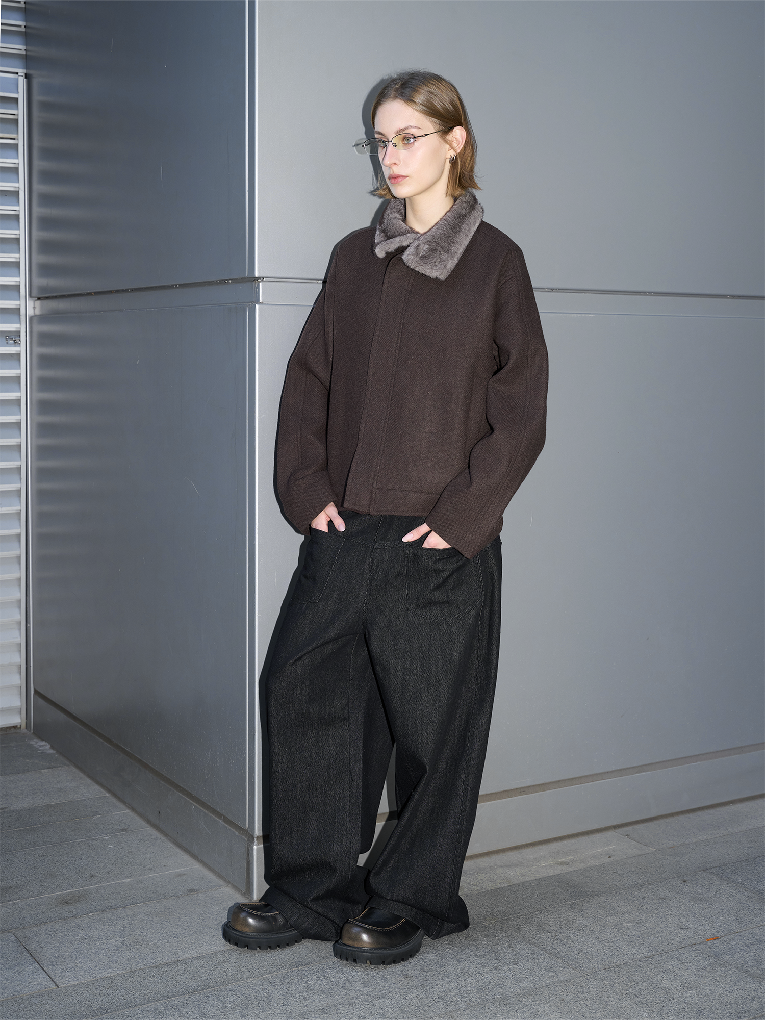 LABELROOM Modern Faux-Fur Collar Wool Jacket Brown