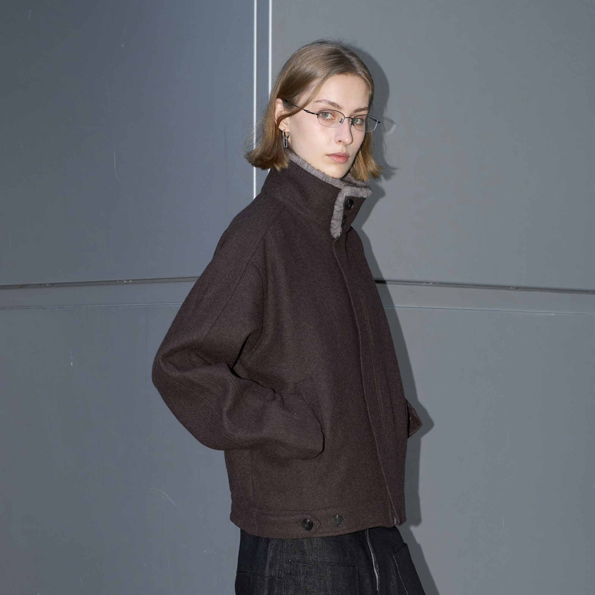 LABELROOM Modern Faux-Fur Collar Wool Jacket Brown