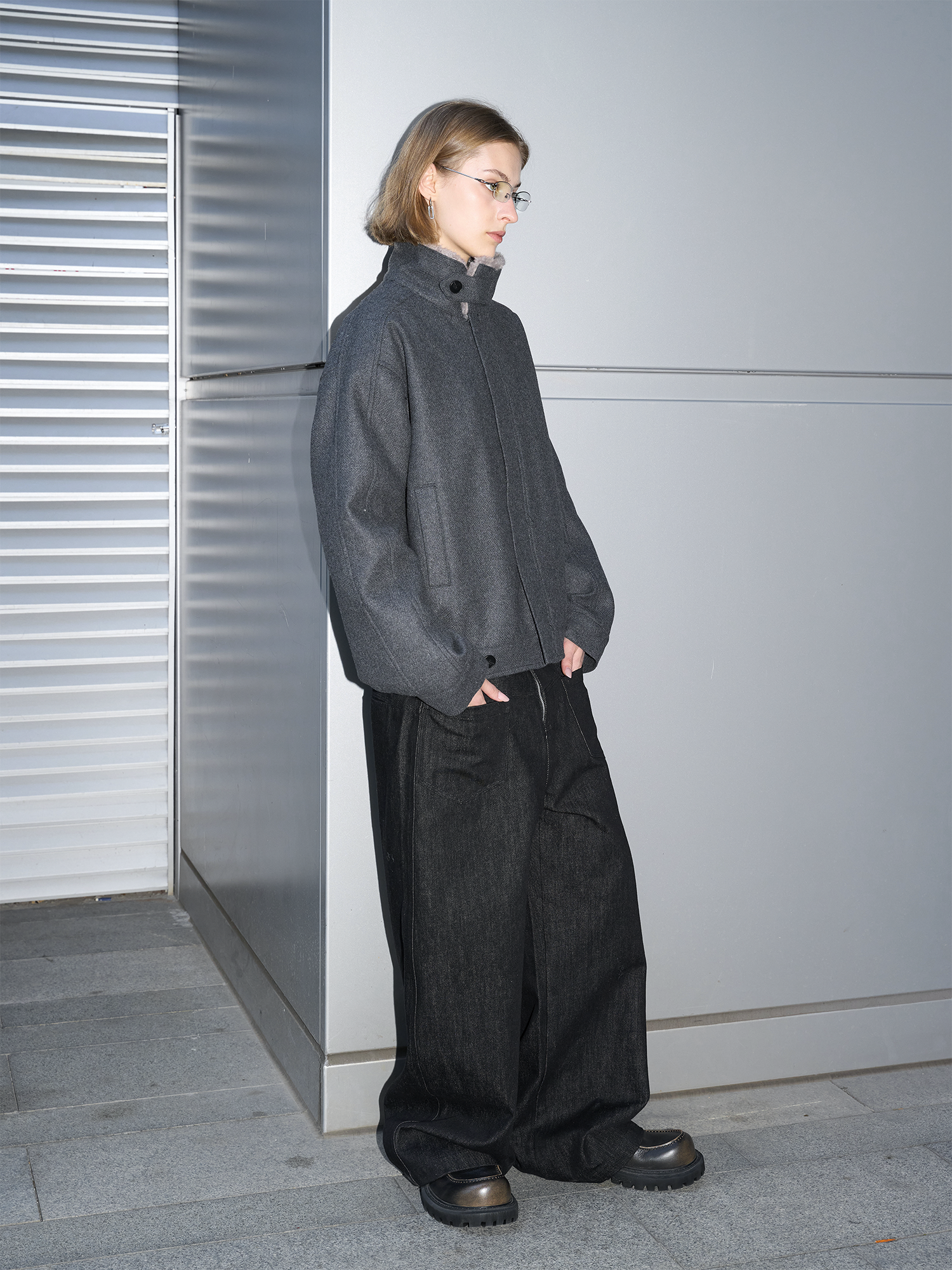 LABELROOM Modern Faux-Fur Collar Wool Jacket Gray