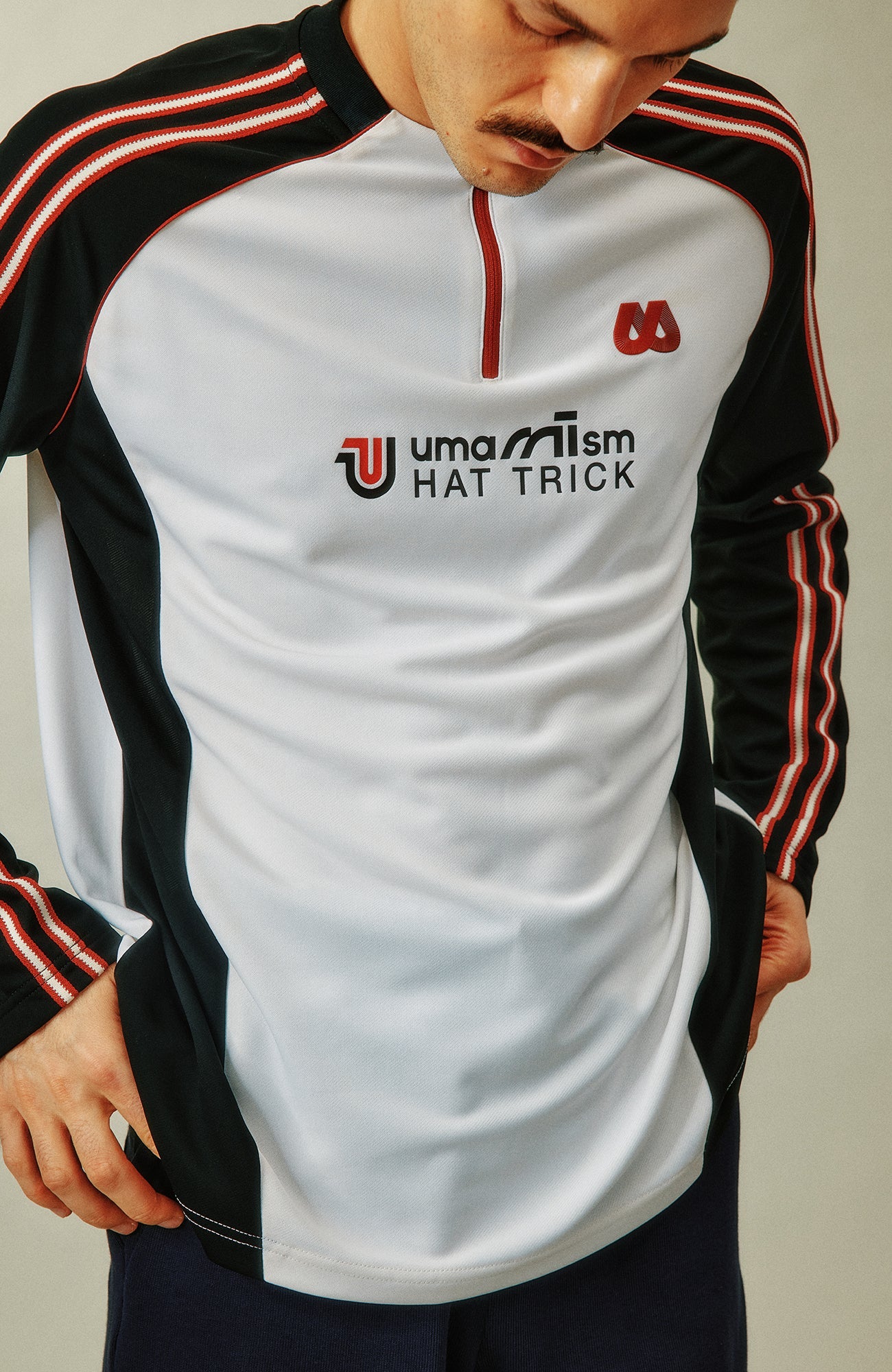 UMAMIISM Quick-Dry Striped Raglan Zip-Up Tee-L/S Tee-XS (Preorder)-White-Free Shipping Leatheretro