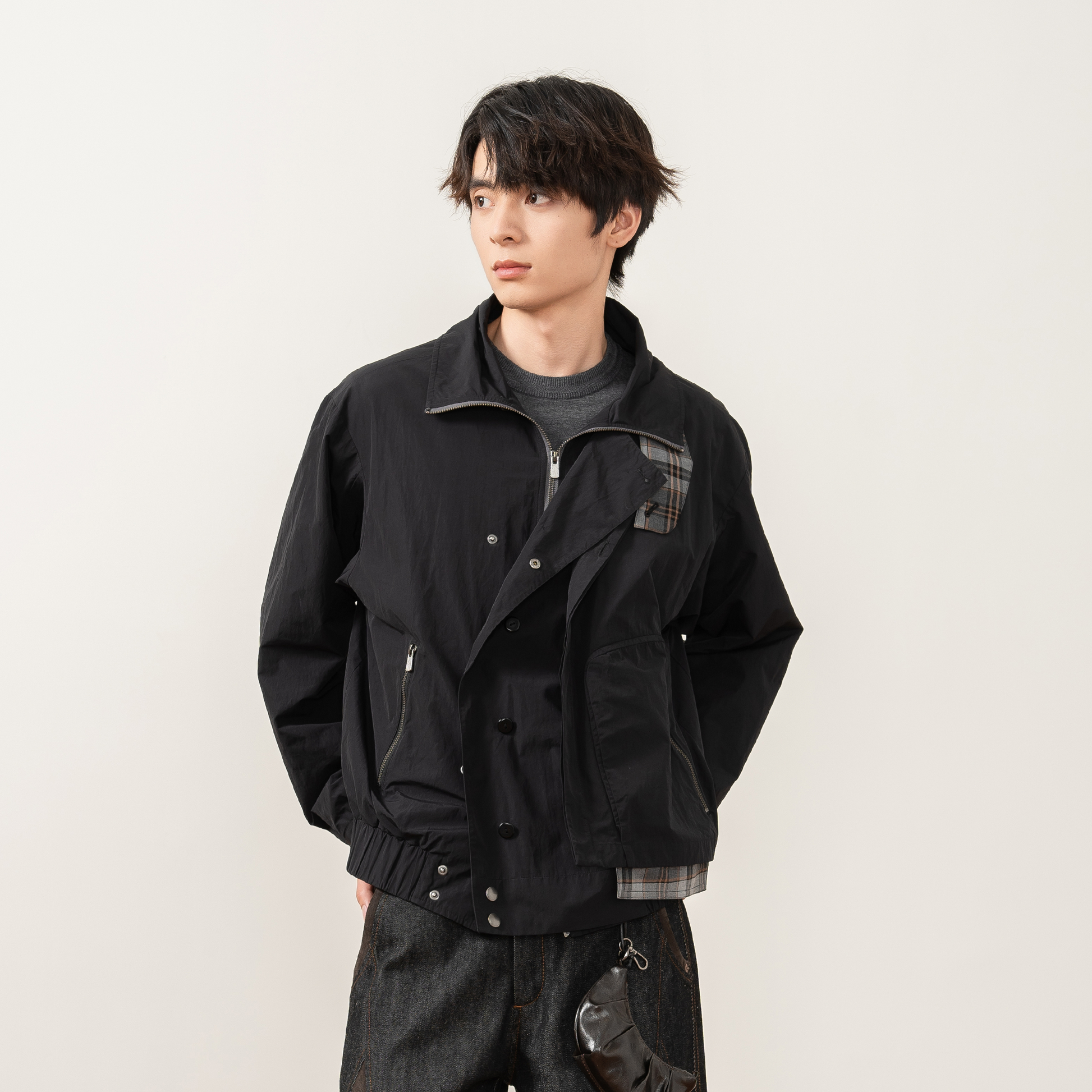 MOITIEDEPETALE Layered Plaid-Trim Jacket-Jacket-XS-Free Shipping Leatheretro