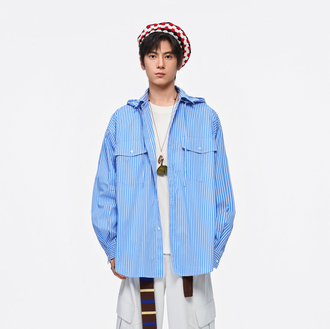 OVERLAPS Stripe Detachable-Hood Shirt-Shirt-S-Blue-Free Shipping Leatheretro