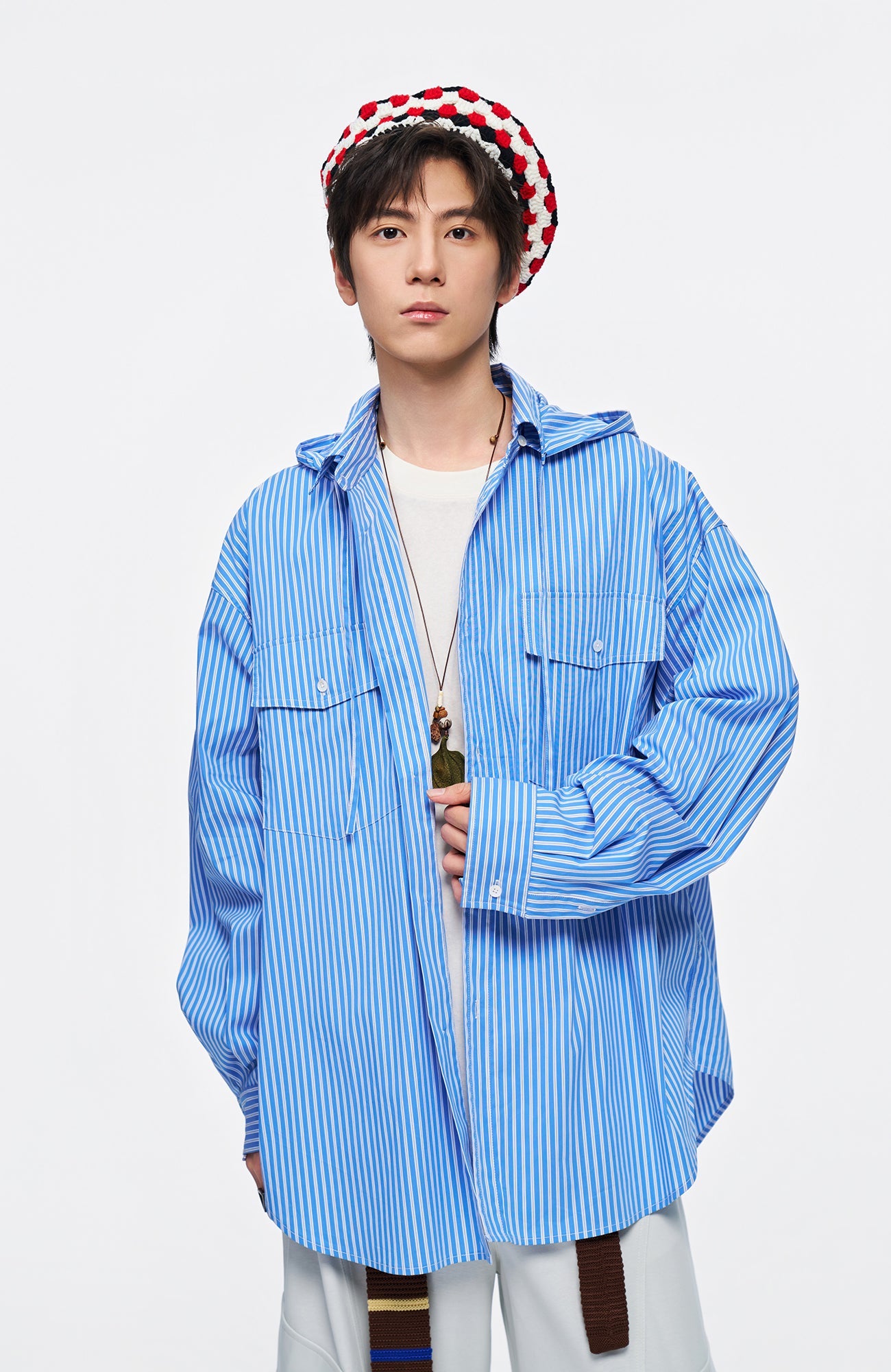 OVERLAPS Stripe Detachable-Hood Shirt-Shirt-S-Blue-Free Shipping Leatheretro