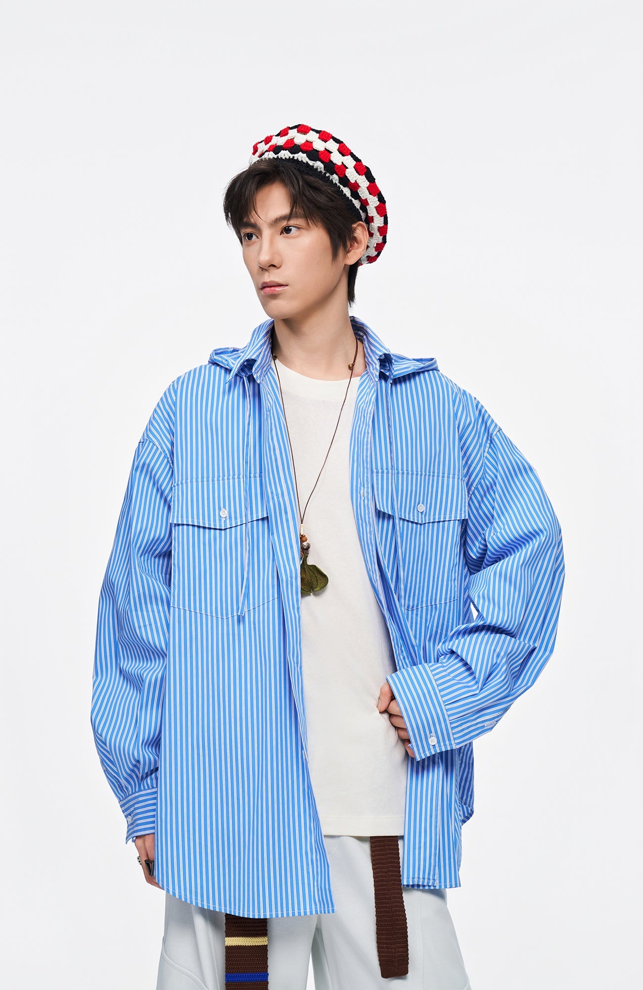OVERLAPS Stripe Detachable-Hood Shirt-Shirt-S-Blue-Free Shipping Leatheretro