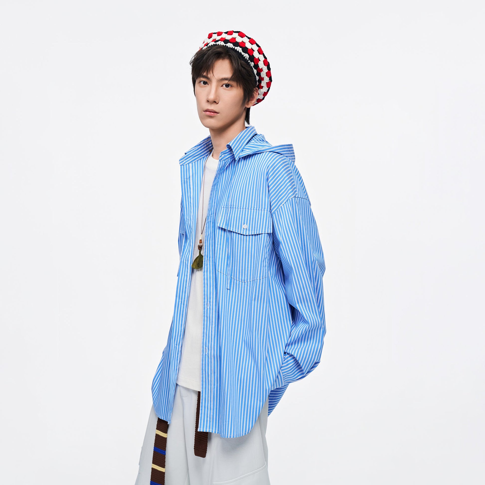 OVERLAPS Stripe Detachable-Hood Shirt-Shirt-S-Blue-Free Shipping Leatheretro