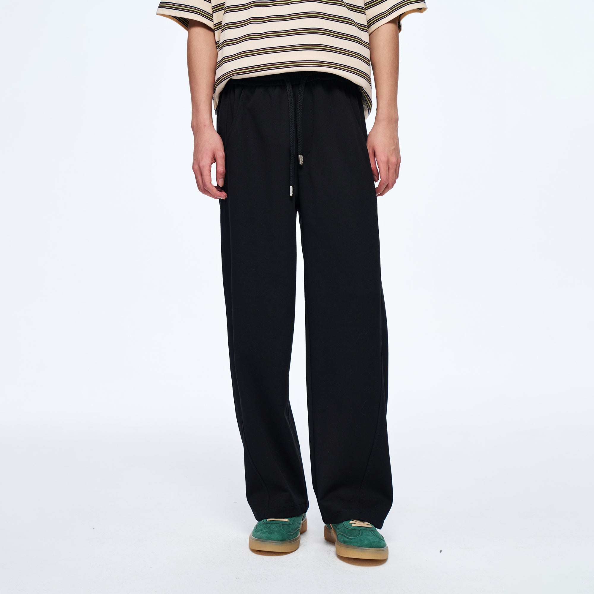 OVERLAPS Elastic-Waist Straight-Leg Pants Black-Pants-S (Preorder)-Free Shipping Leatheretro