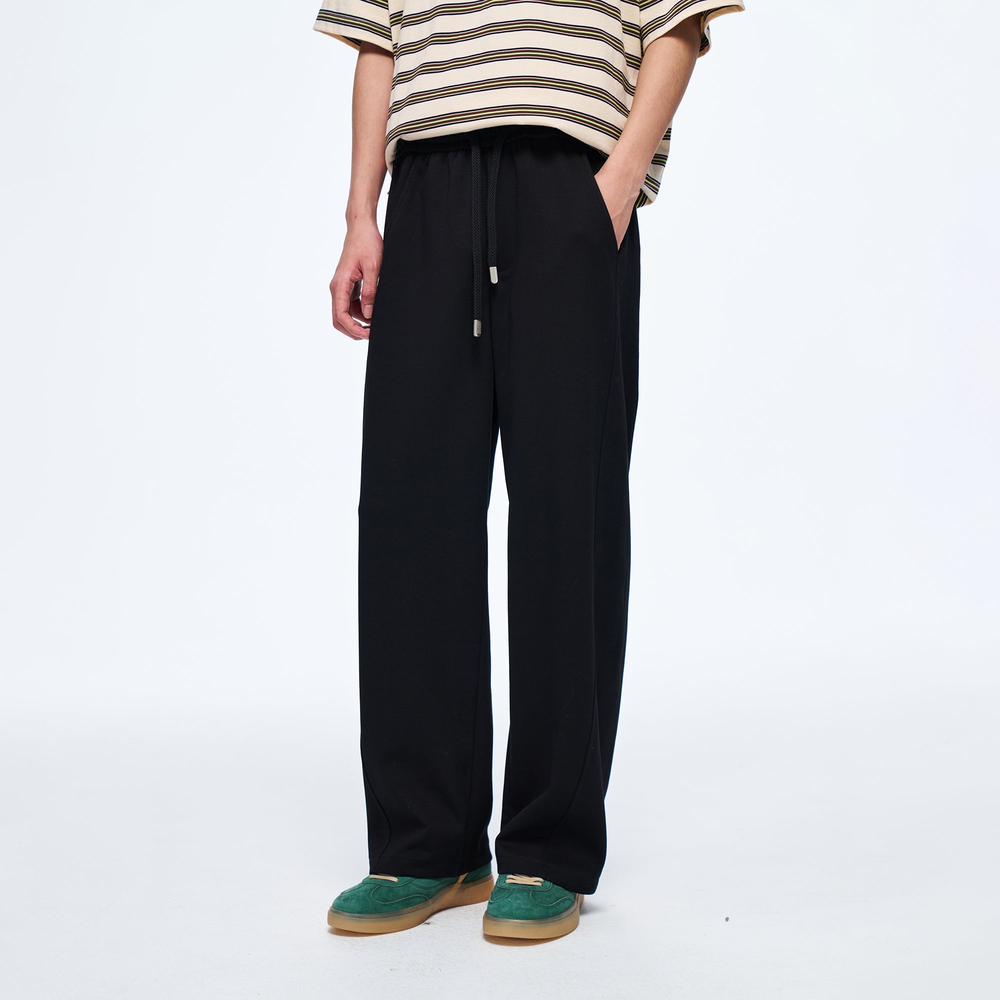 OVERLAPS Elastic-Waist Straight-Leg Pants Black-Pants-S (Preorder)-Free Shipping Leatheretro
