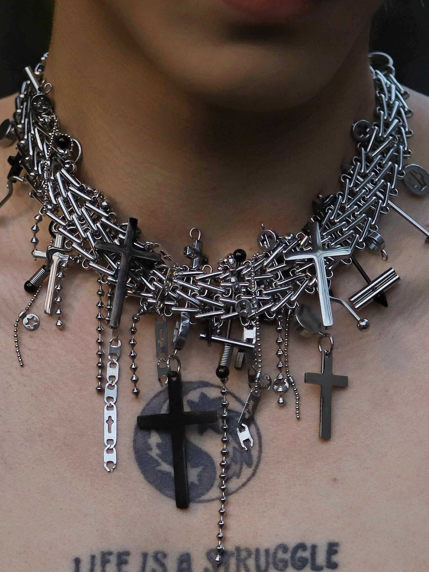 NUNKNOTX Handmade Cross Charm Punk Necklace-Necklace-Regular (15.75–20.47 in)-Free Shipping Leatheretro