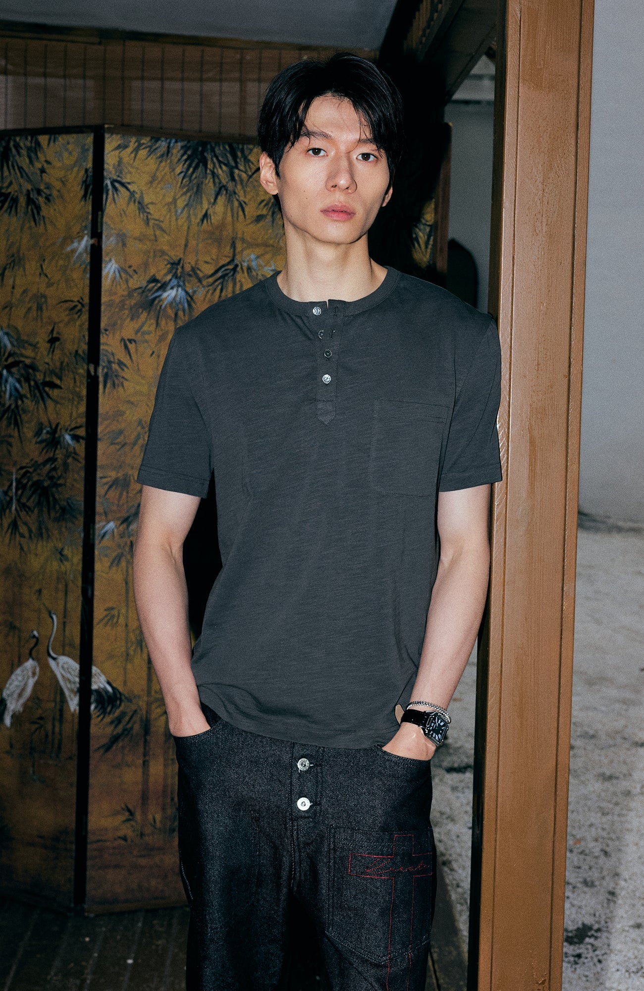 KREATE Cross-Stitch Henley T-Shirt-T Shirt-S (Preorder)-Dark Gray-Free Shipping Leatheretro