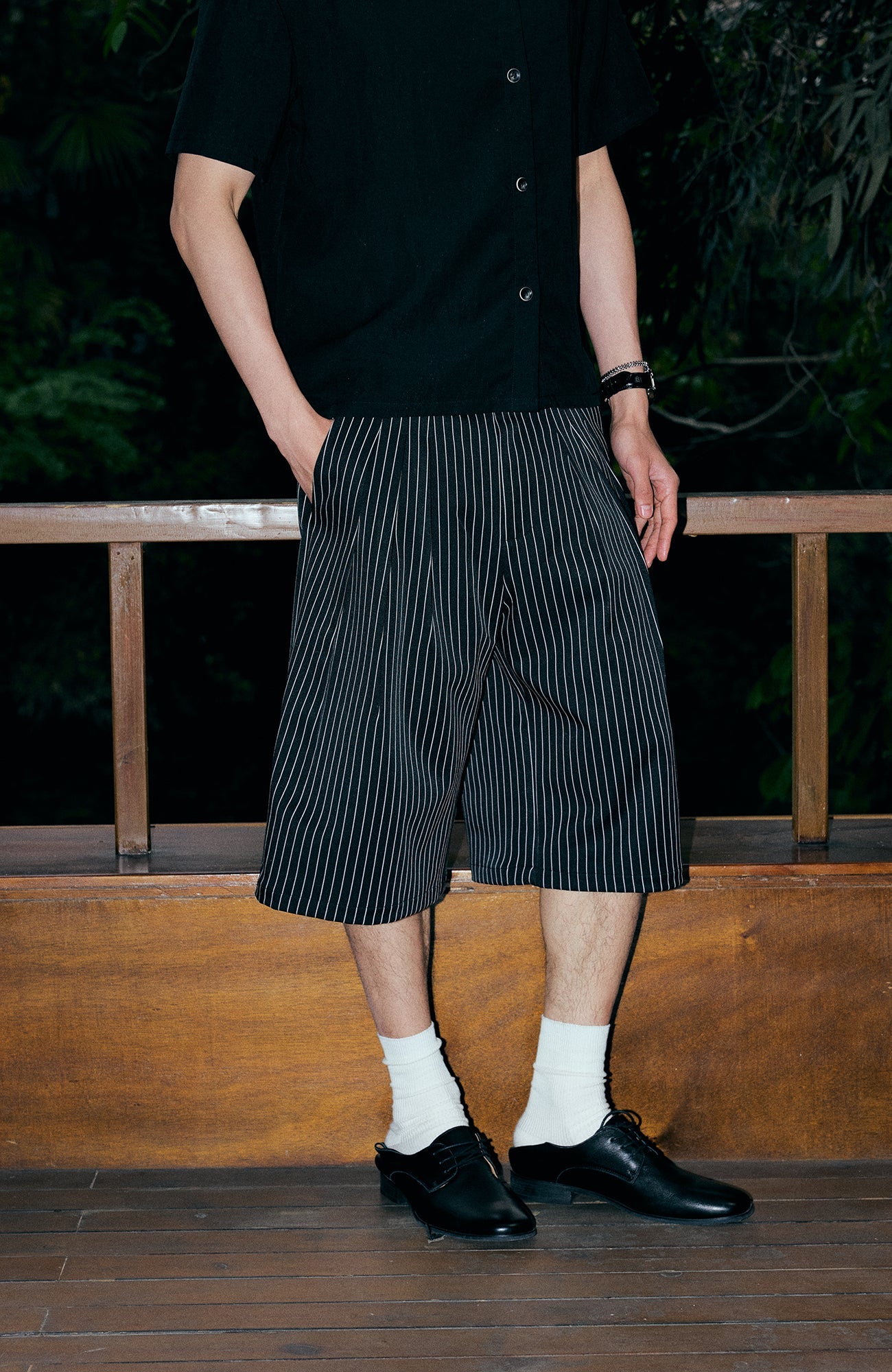 KREATE Pinstripe Pleated Suit Shorts-Shorts-S (Preorder)-Black-Free Shipping Leatheretro