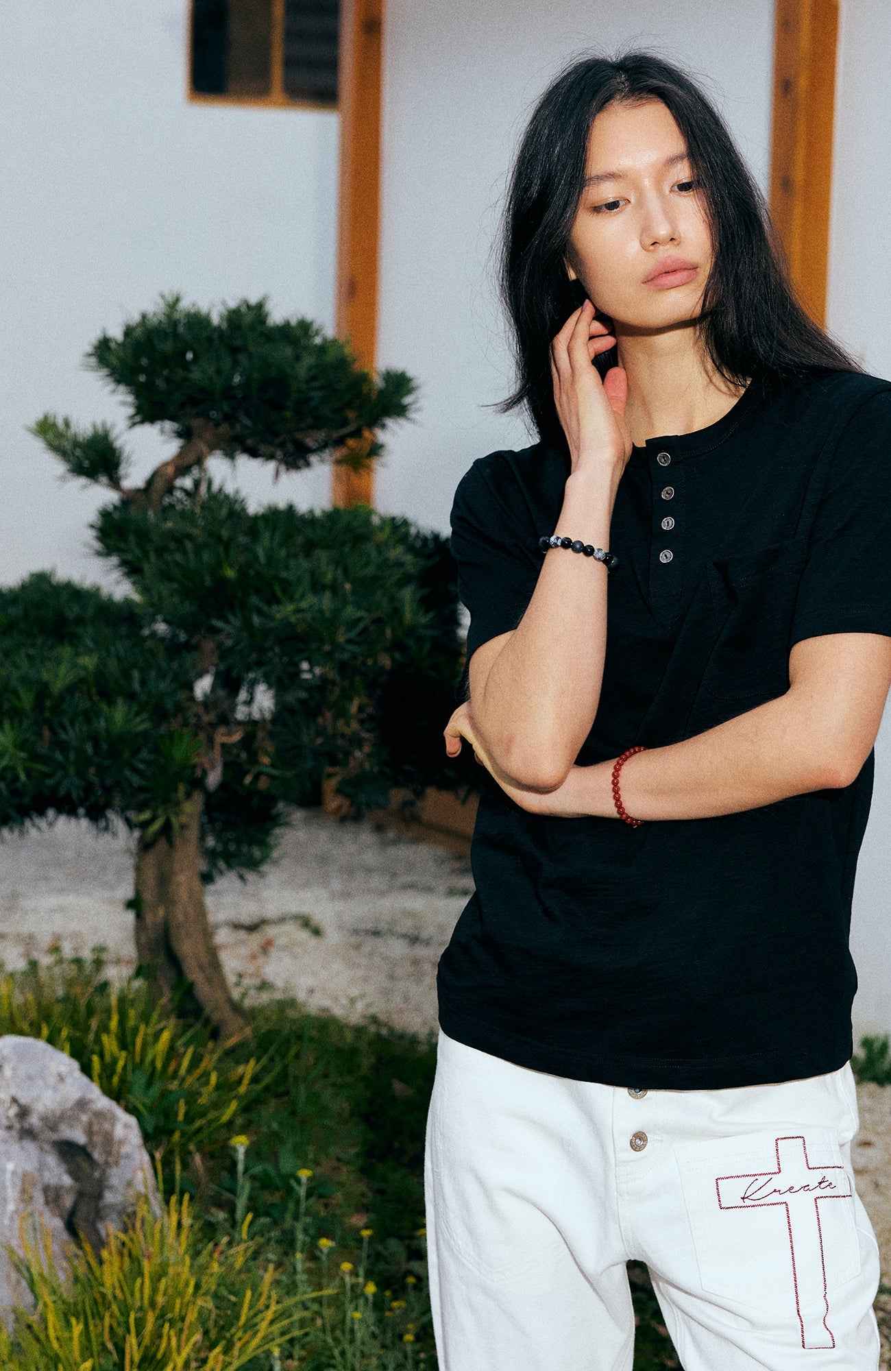 KREATE Cross-Stitch Henley T-Shirt-T Shirt-S (Preorder)-Dark Gray-Free Shipping Leatheretro