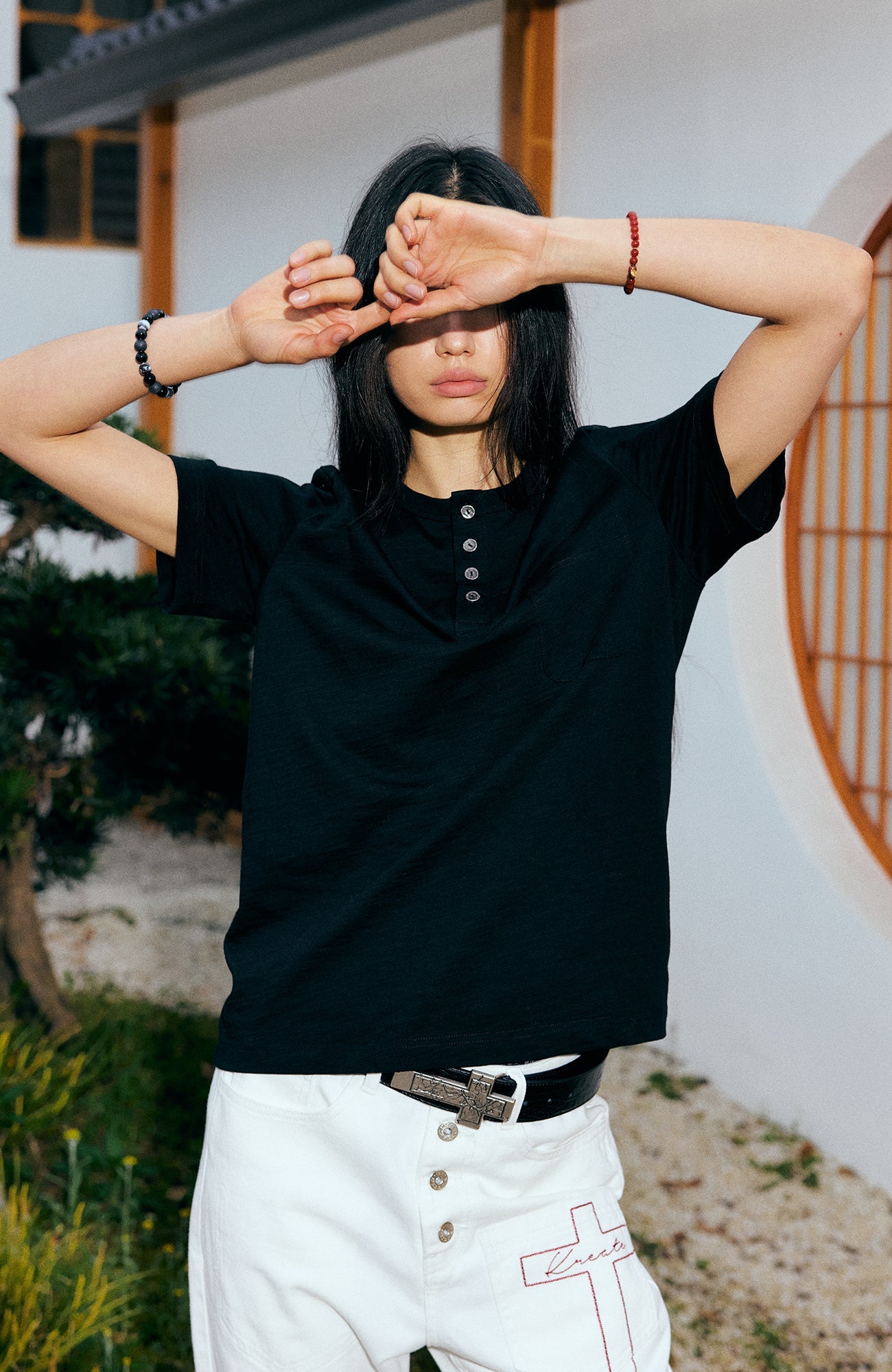 KREATE Cross-Stitch Henley T-Shirt-T Shirt-S (Preorder)-Dark Gray-Free Shipping Leatheretro