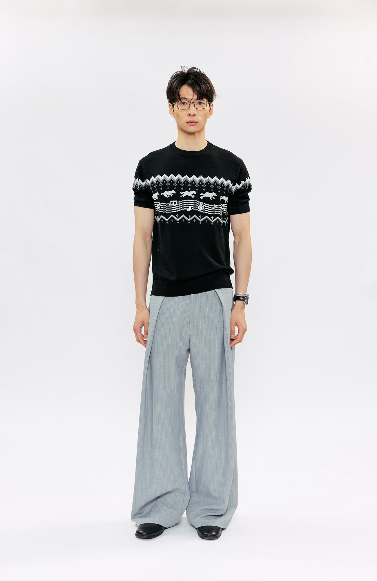 KREATE Pleated Pinstripe Wide-Leg Trousers-Pants-S (Preorder)-Black-Free Shipping Leatheretro