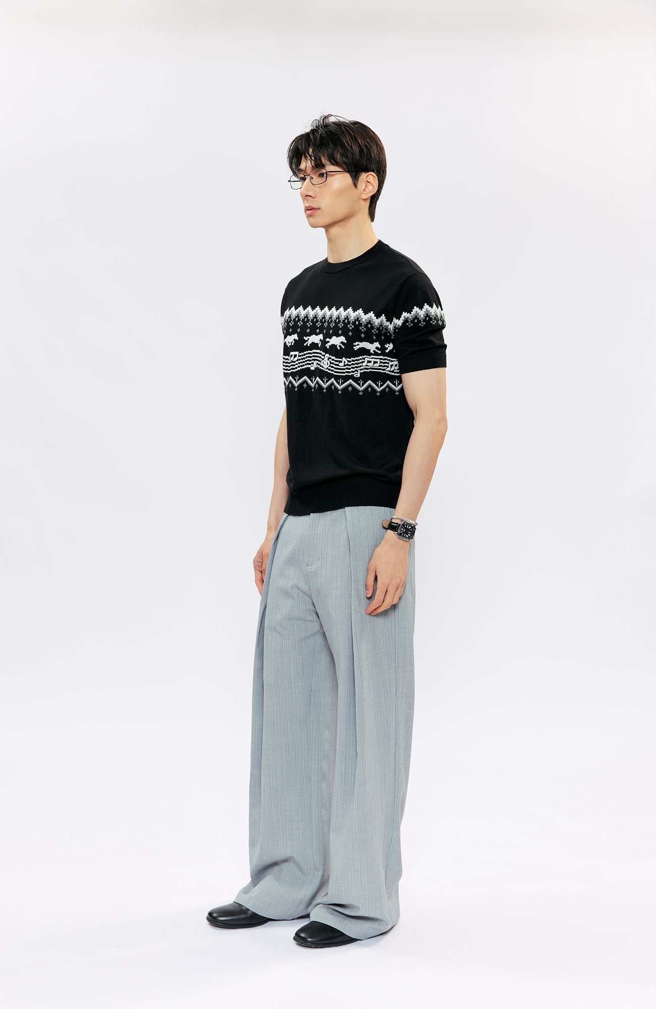 KREATE Pleated Pinstripe Wide-Leg Trousers-Pants-S (Preorder)-Black-Free Shipping Leatheretro