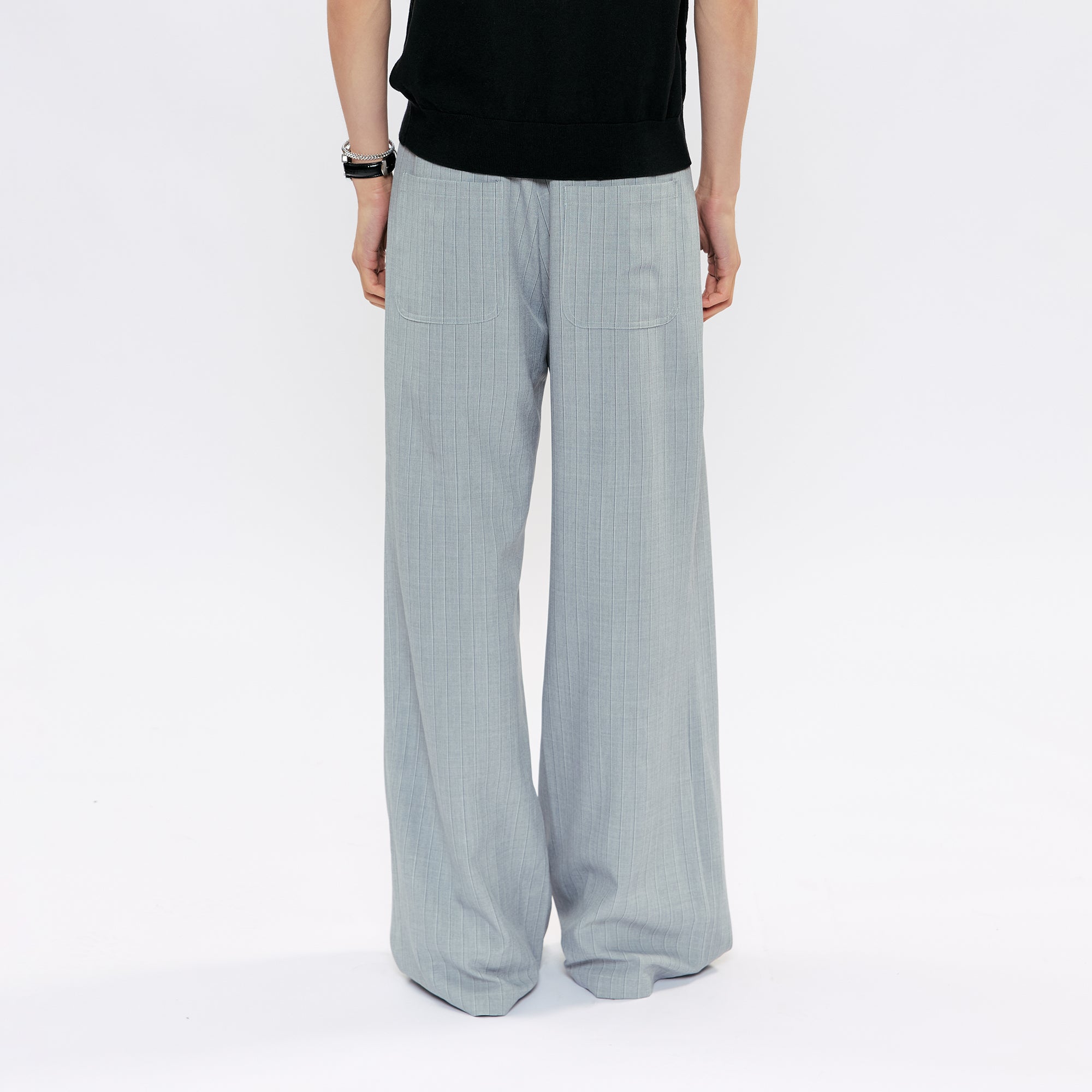 KREATE Pleated Pinstripe Wide-Leg Trousers-Pants-S (Preorder)-Black-Free Shipping Leatheretro
