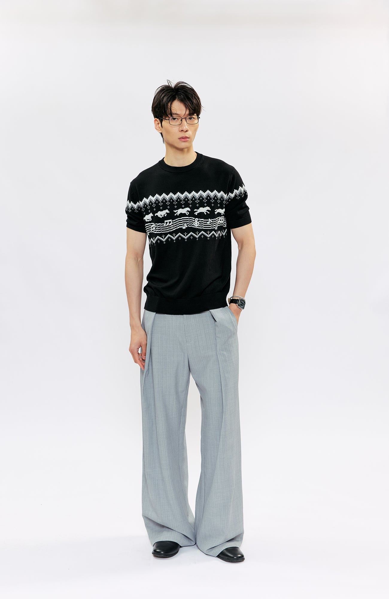 KREATE Pleated Pinstripe Wide-Leg Trousers-Pants-S (Preorder)-Black-Free Shipping Leatheretro