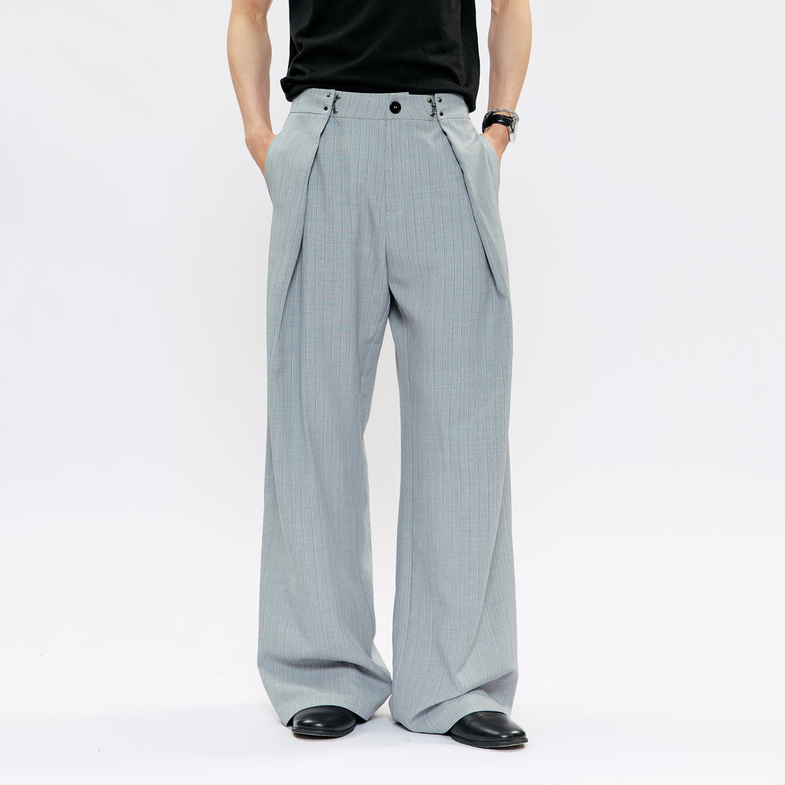 KREATE Pleated Pinstripe Wide-Leg Trousers-Pants-S (Preorder)-Black-Free Shipping Leatheretro
