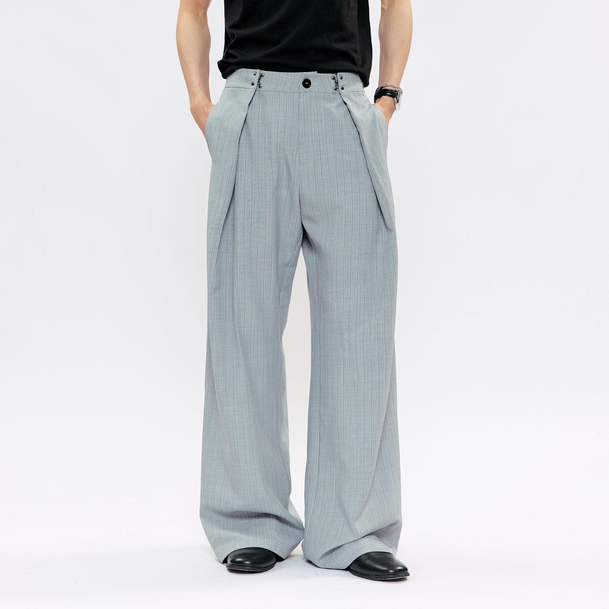 KREATE Pleated Pinstripe Wide-Leg Trousers-Pants-S (Preorder)-Gray-Free Shipping Leatheretro