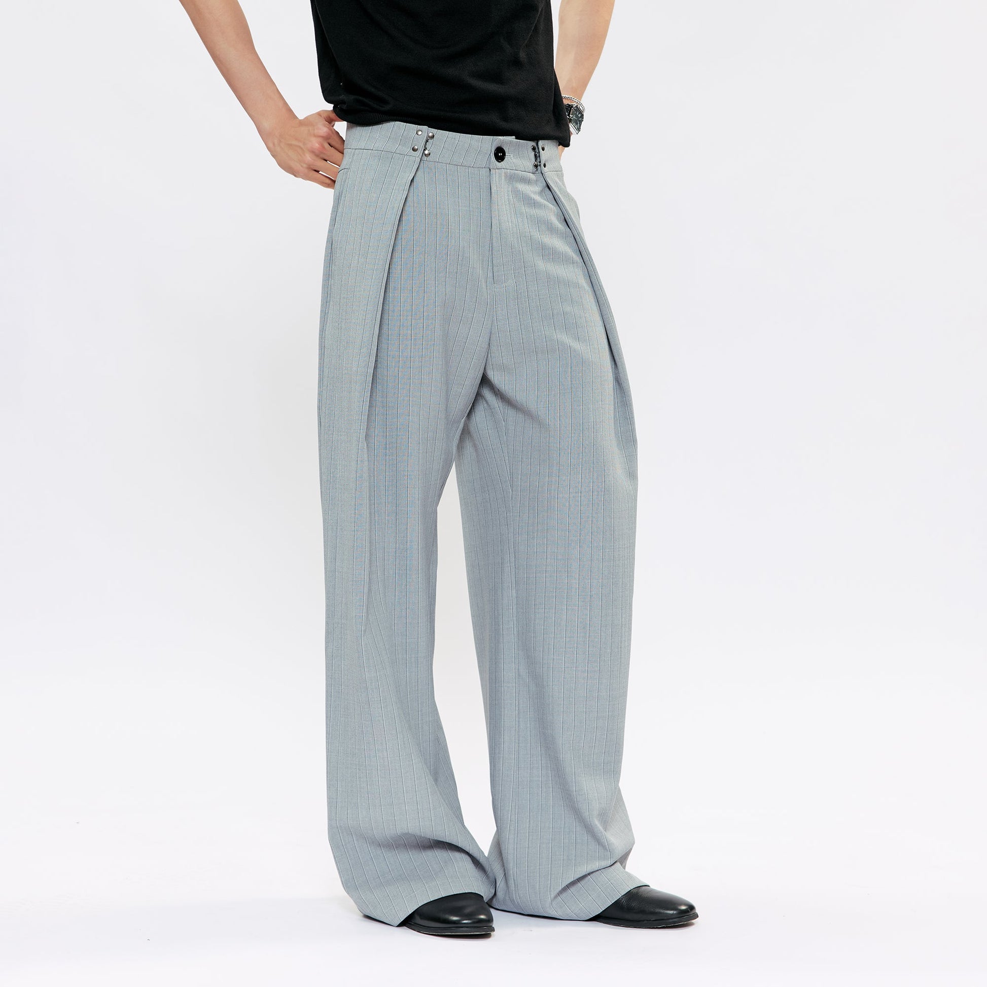 KREATE Pleated Pinstripe Wide-Leg Trousers-Pants-S (Preorder)-Black-Free Shipping Leatheretro