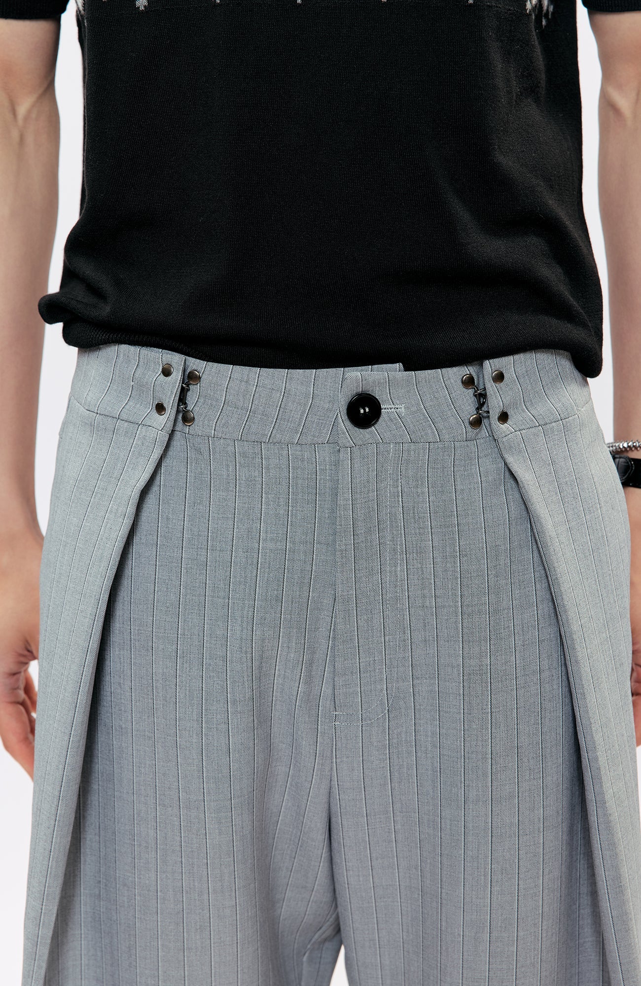 KREATE Pleated Pinstripe Wide-Leg Trousers-Pants-S (Preorder)-Black-Free Shipping Leatheretro