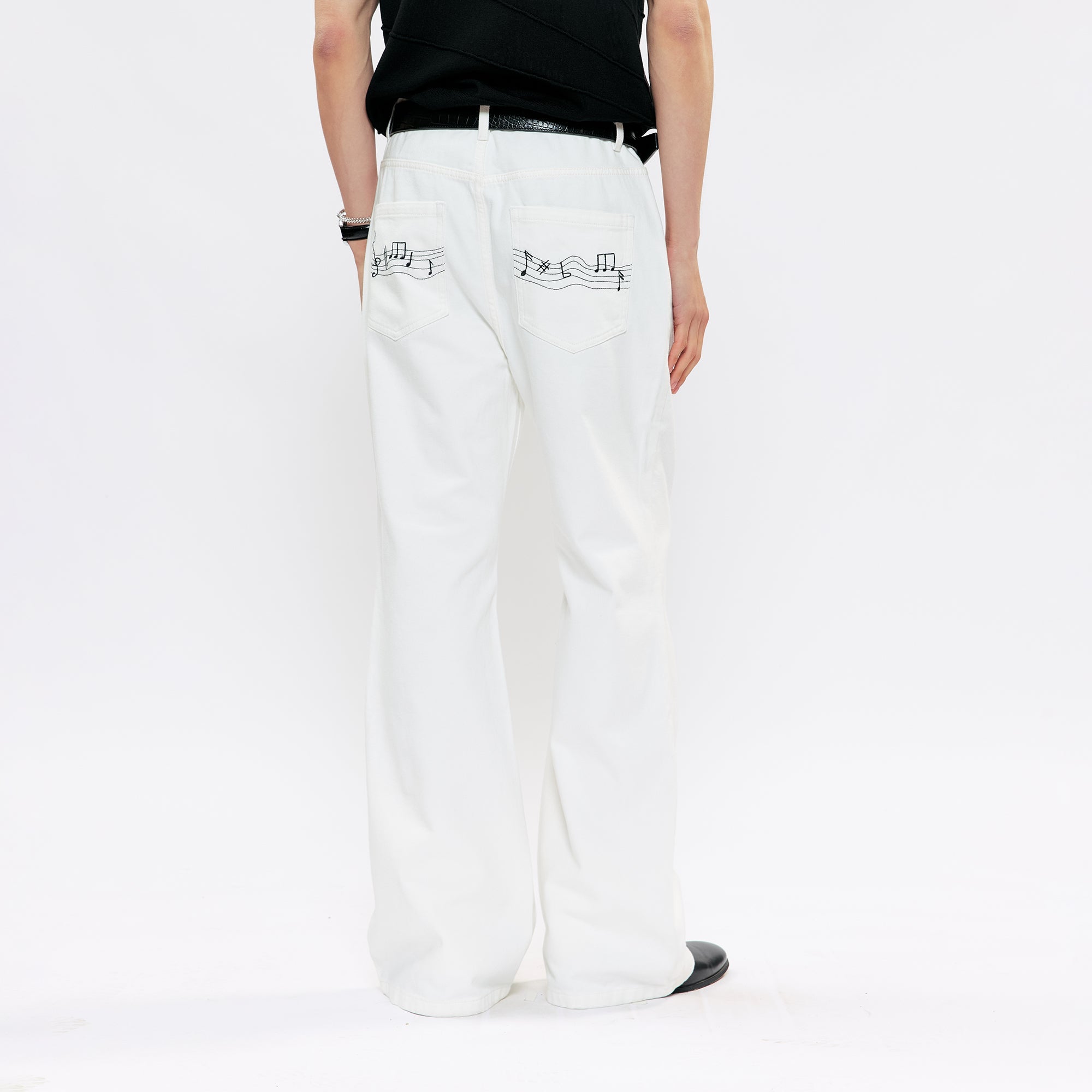 KREATE Music-Note Embroidered Flared Jeans-Jeans-S (Preorder)-White-Free Shipping Leatheretro