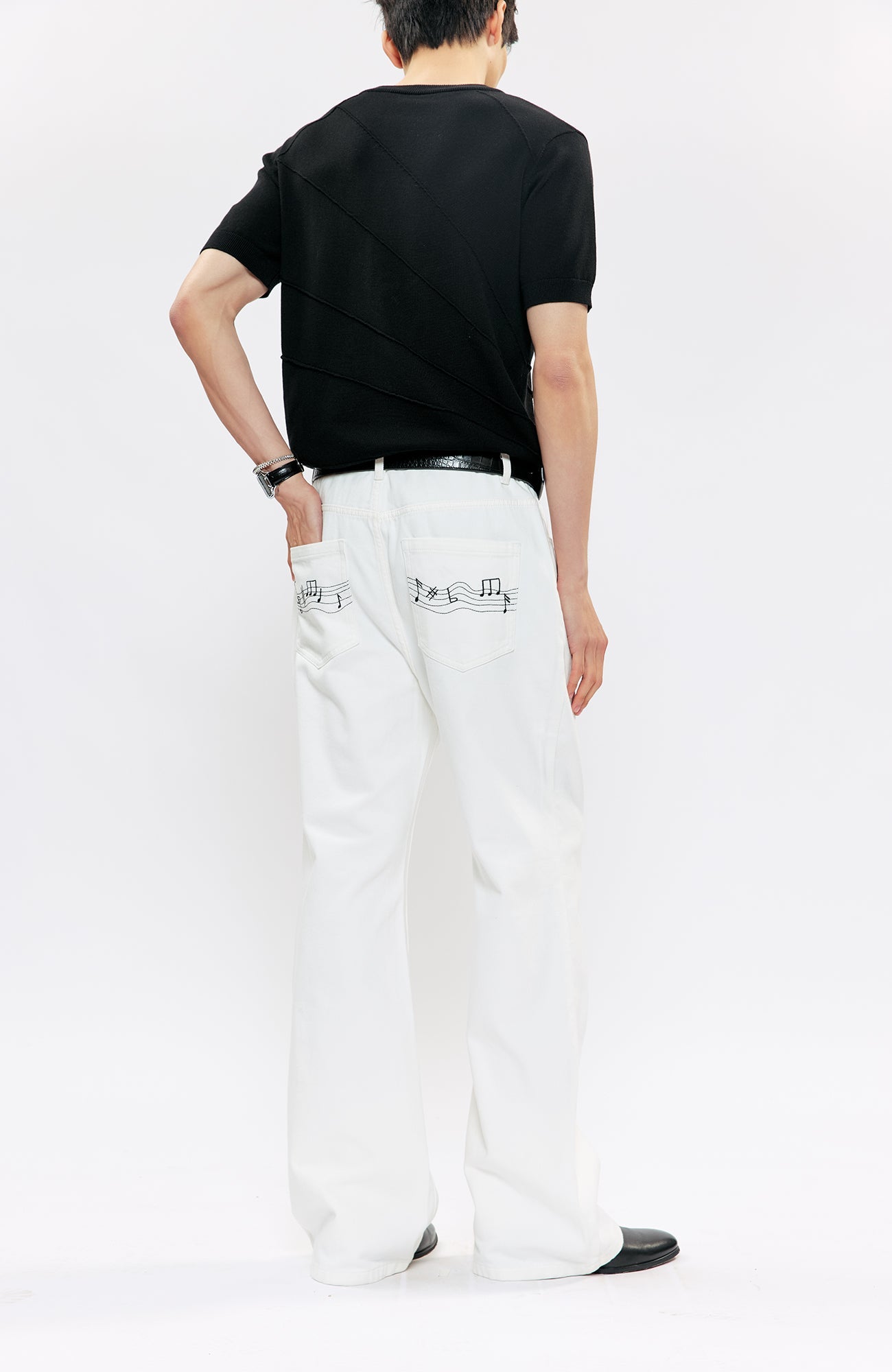 KREATE Music-Note Embroidered Flared Jeans-Jeans-S (Preorder)-White-Free Shipping Leatheretro
