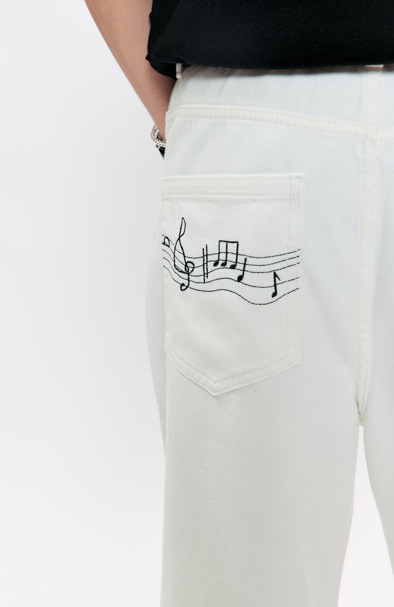 KREATE Music-Note Embroidered Flared Jeans-Jeans-S (Preorder)-White-Free Shipping Leatheretro
