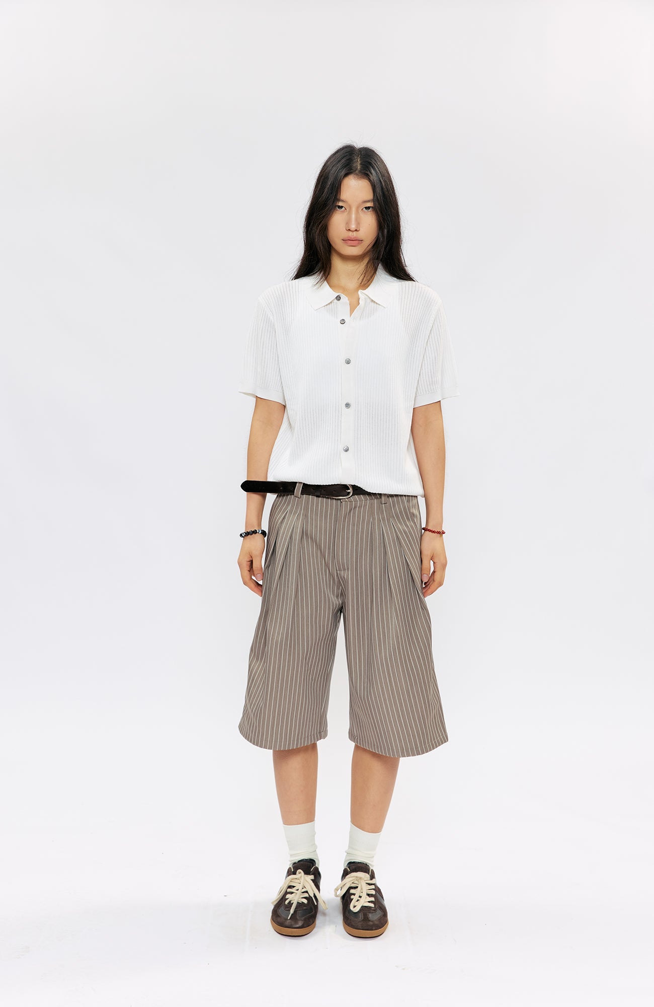 KREATE Pinstripe Pleated Suit Shorts-Shorts-S (Preorder)-Black-Free Shipping Leatheretro