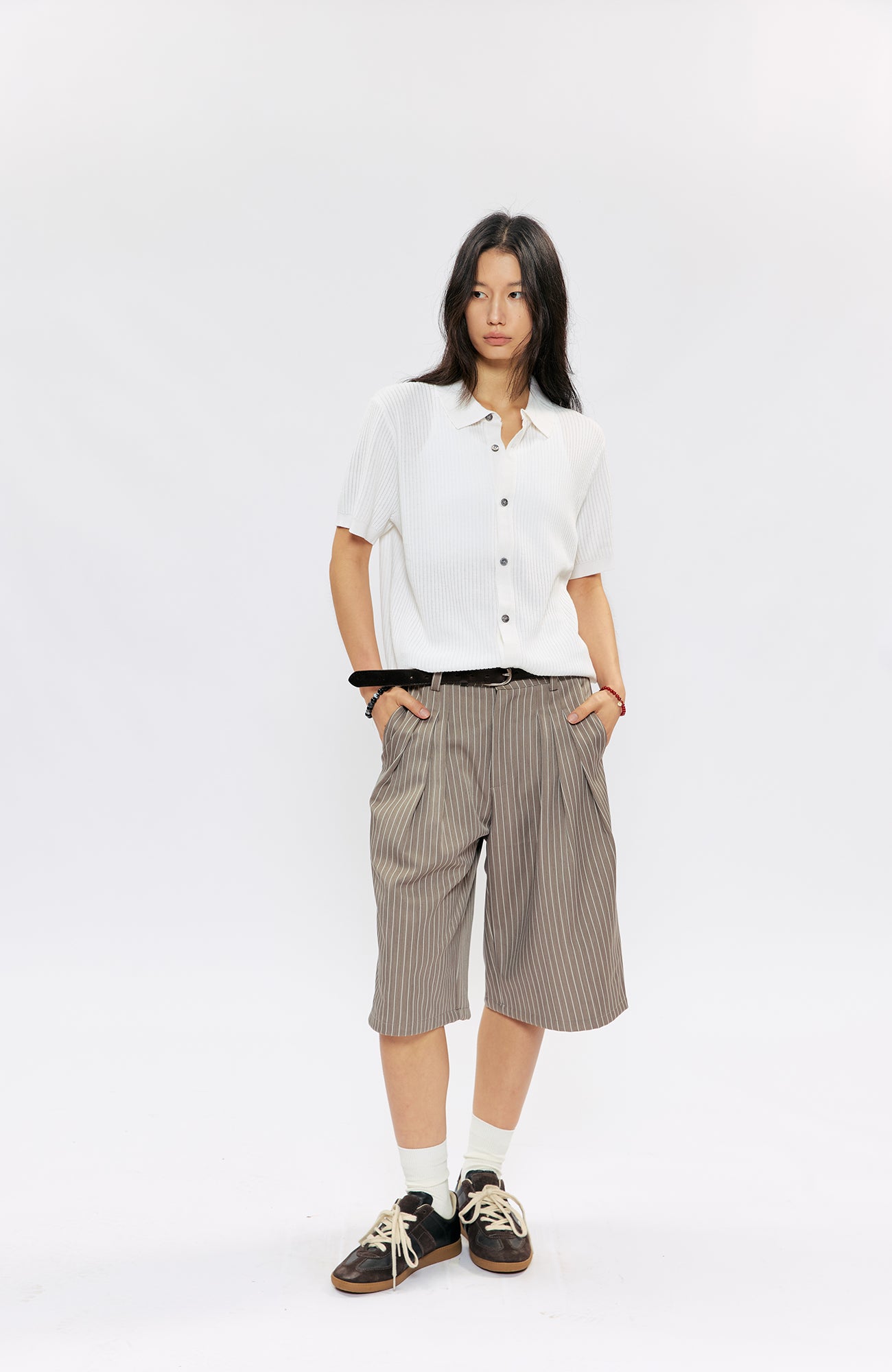 KREATE Pinstripe Pleated Suit Shorts-Shorts-S (Preorder)-Black-Free Shipping Leatheretro