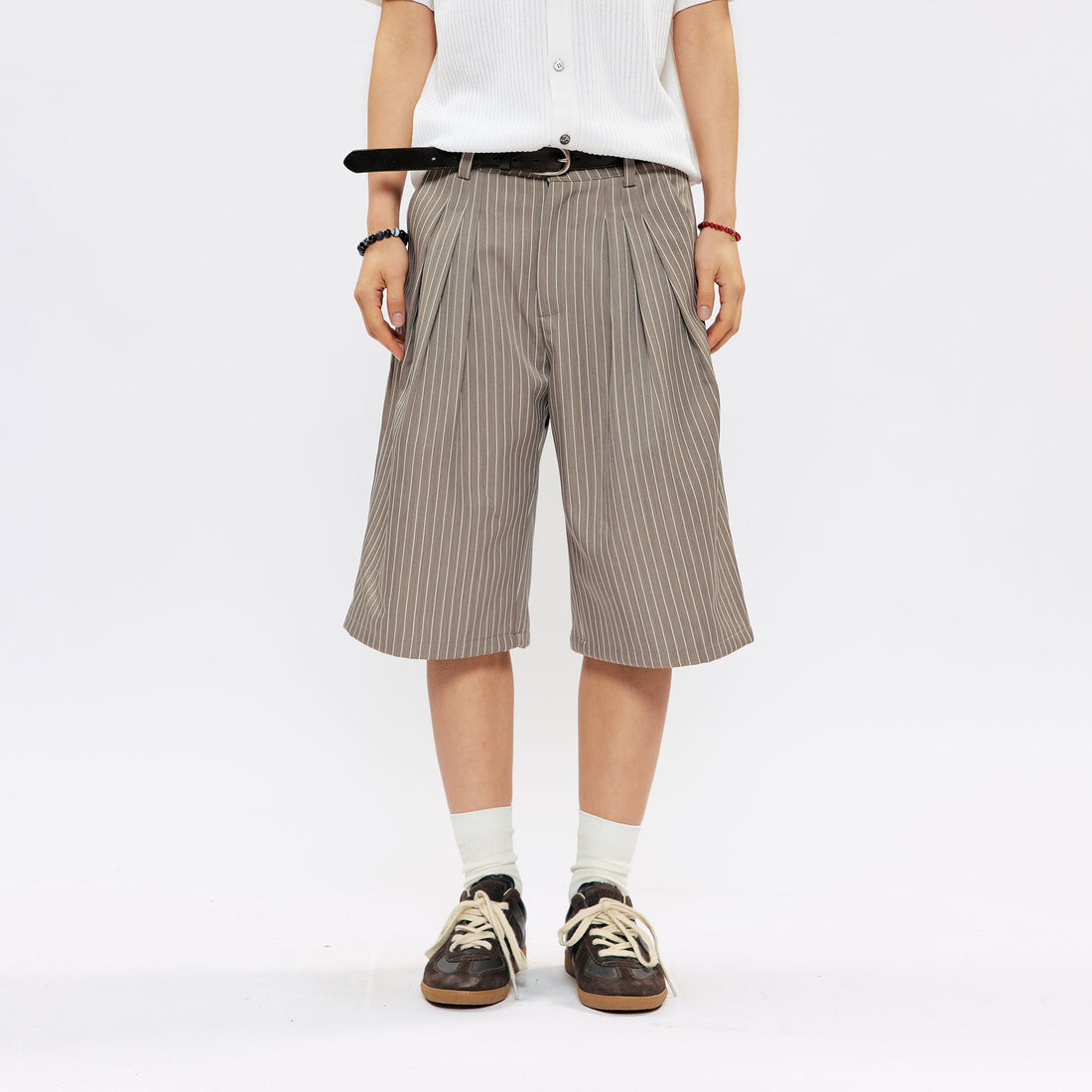 KREATE Pinstripe Pleated Suit Shorts-Shorts-S (Preorder)-Black-Free Shipping Leatheretro