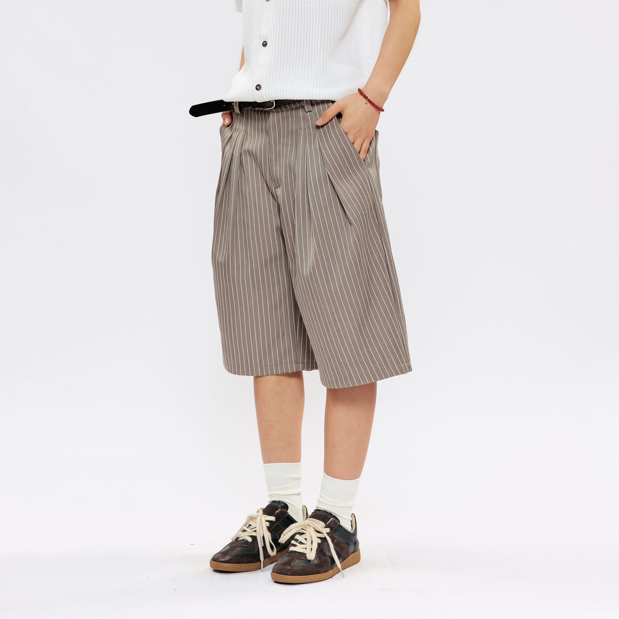 KREATE Pinstripe Pleated Suit Shorts-Shorts-S (Preorder)-Black-Free Shipping Leatheretro