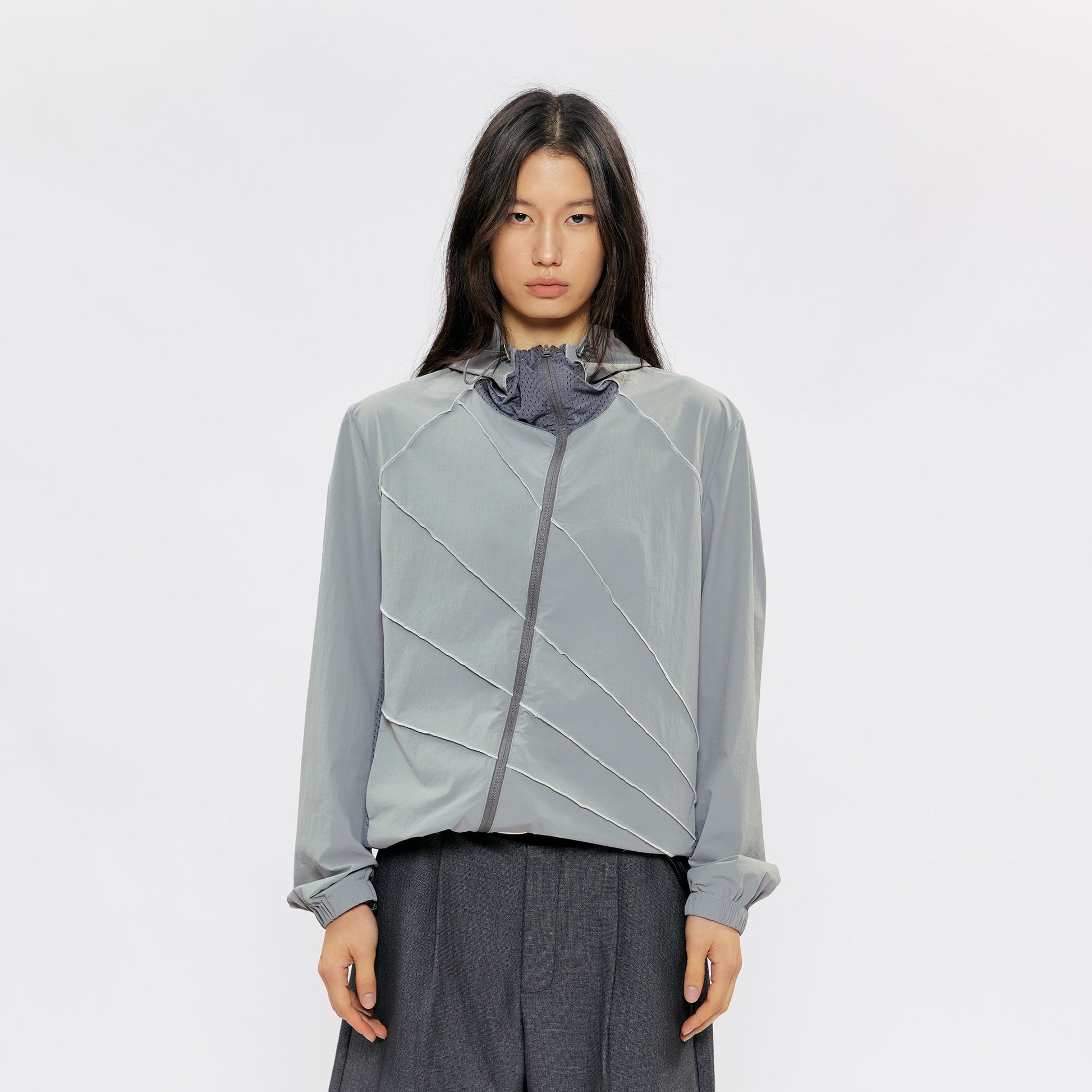 KREATE Asymmetrical Zip-Up UV Hooded Jacket-Jacket-S (Preorder)-Gray-Free Shipping Leatheretro
