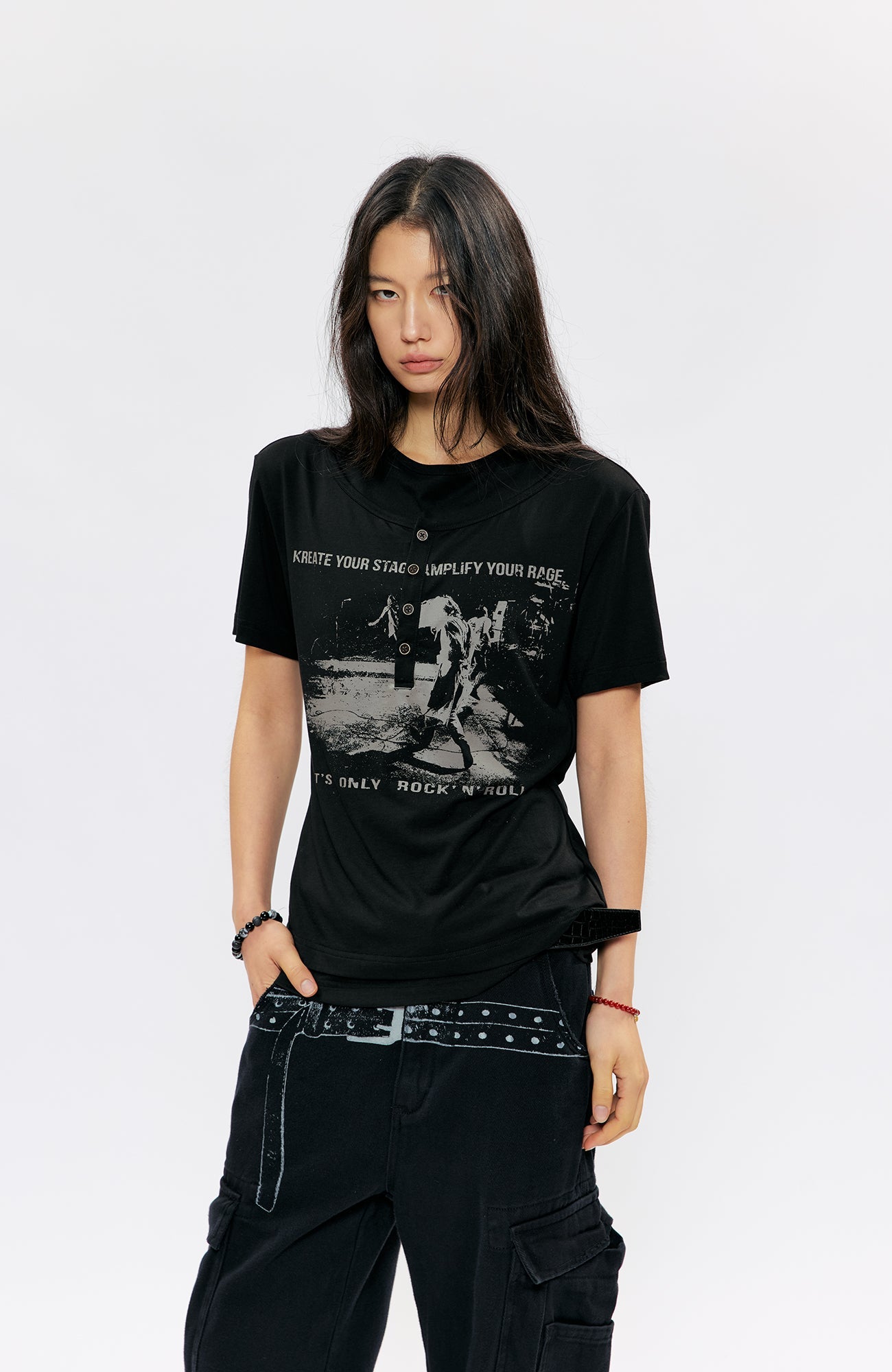 KREATE Faux-Layer Modal Henley Graphic Tee-T Shirt-S (Preorder)-Free Shipping Leatheretro