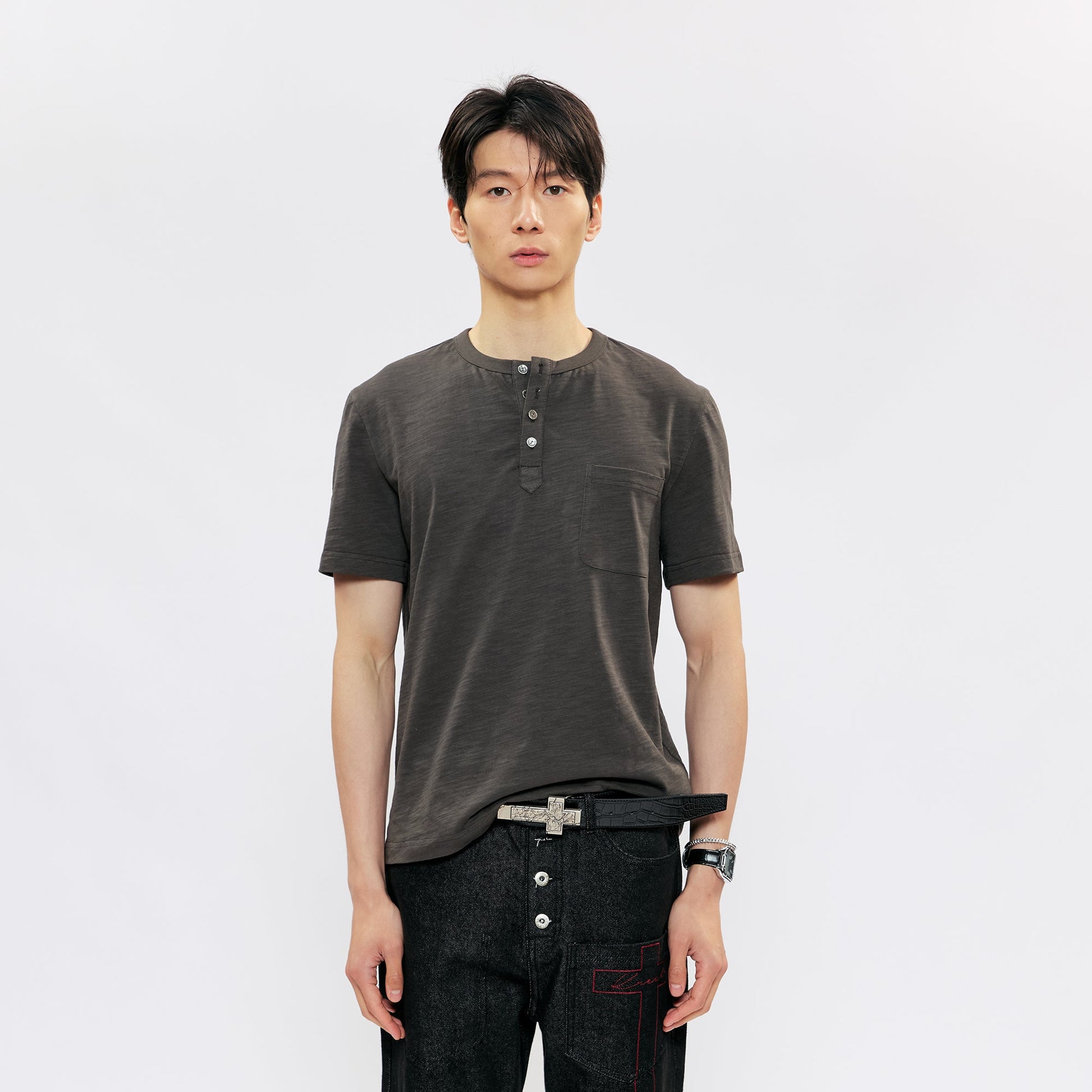 KREATE Cross-Stitch Henley T-Shirt-T Shirt-S (Preorder)-Dark Gray-Free Shipping Leatheretro