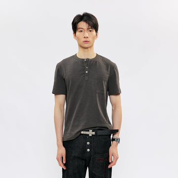KREATE Cross-Stitch Henley T-Shirt-T Shirt-S (Preorder)-Dark Gray-Free Shipping Leatheretro