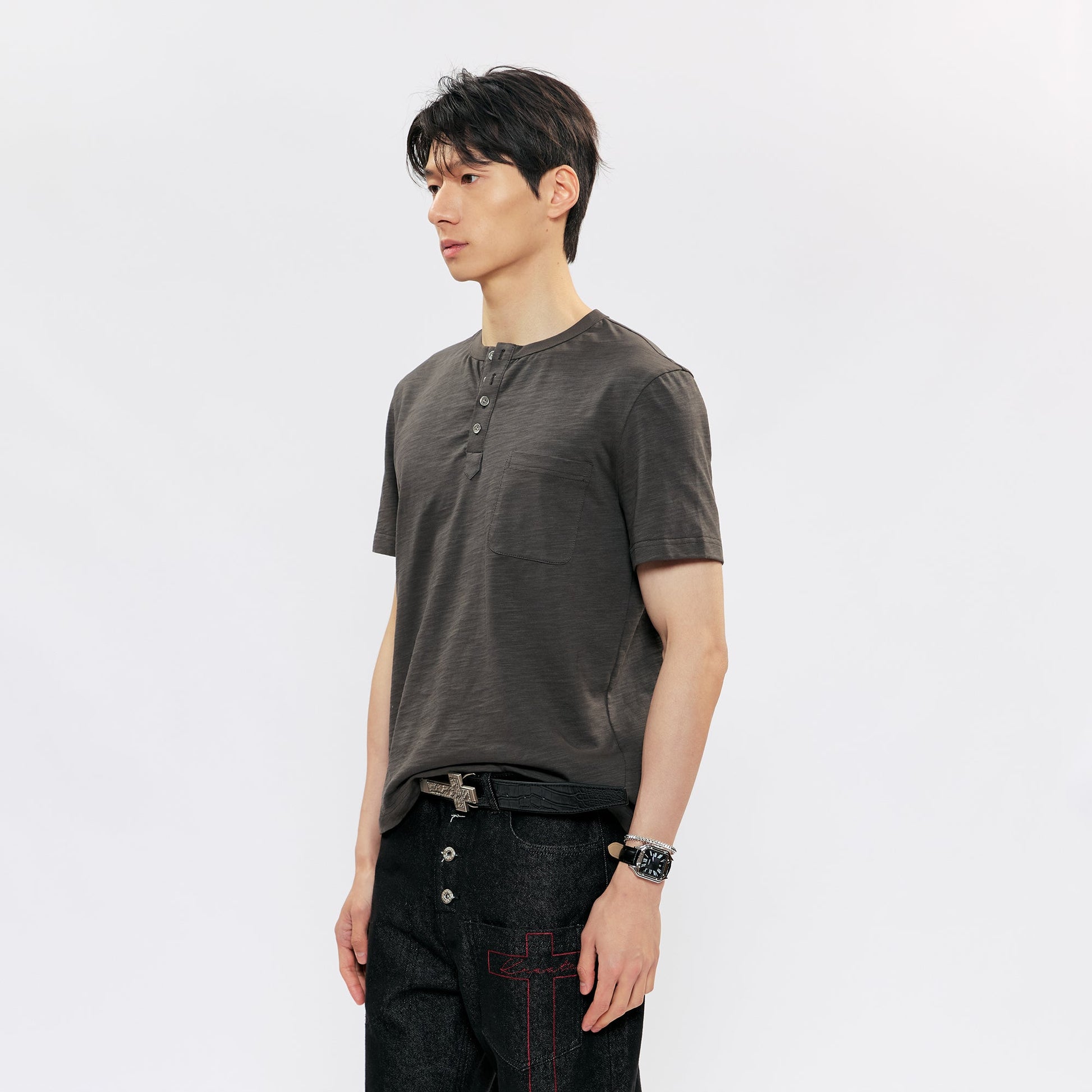 KREATE Cross-Stitch Henley T-Shirt-T Shirt-S (Preorder)-Dark Gray-Free Shipping Leatheretro