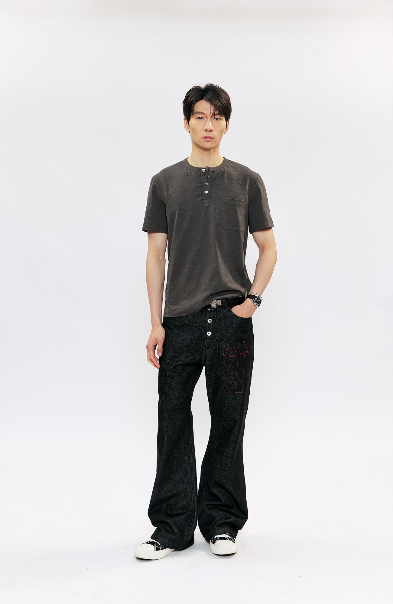 KREATE Cross-Stitch Henley T-Shirt-T Shirt-S (Preorder)-Dark Gray-Free Shipping Leatheretro