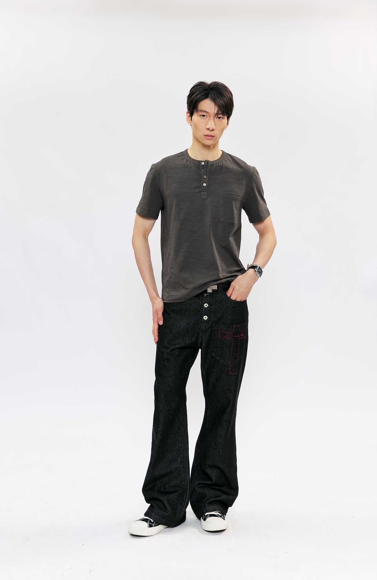 KREATE Cross-Stitch Henley T-Shirt-T Shirt-S (Preorder)-Dark Gray-Free Shipping Leatheretro