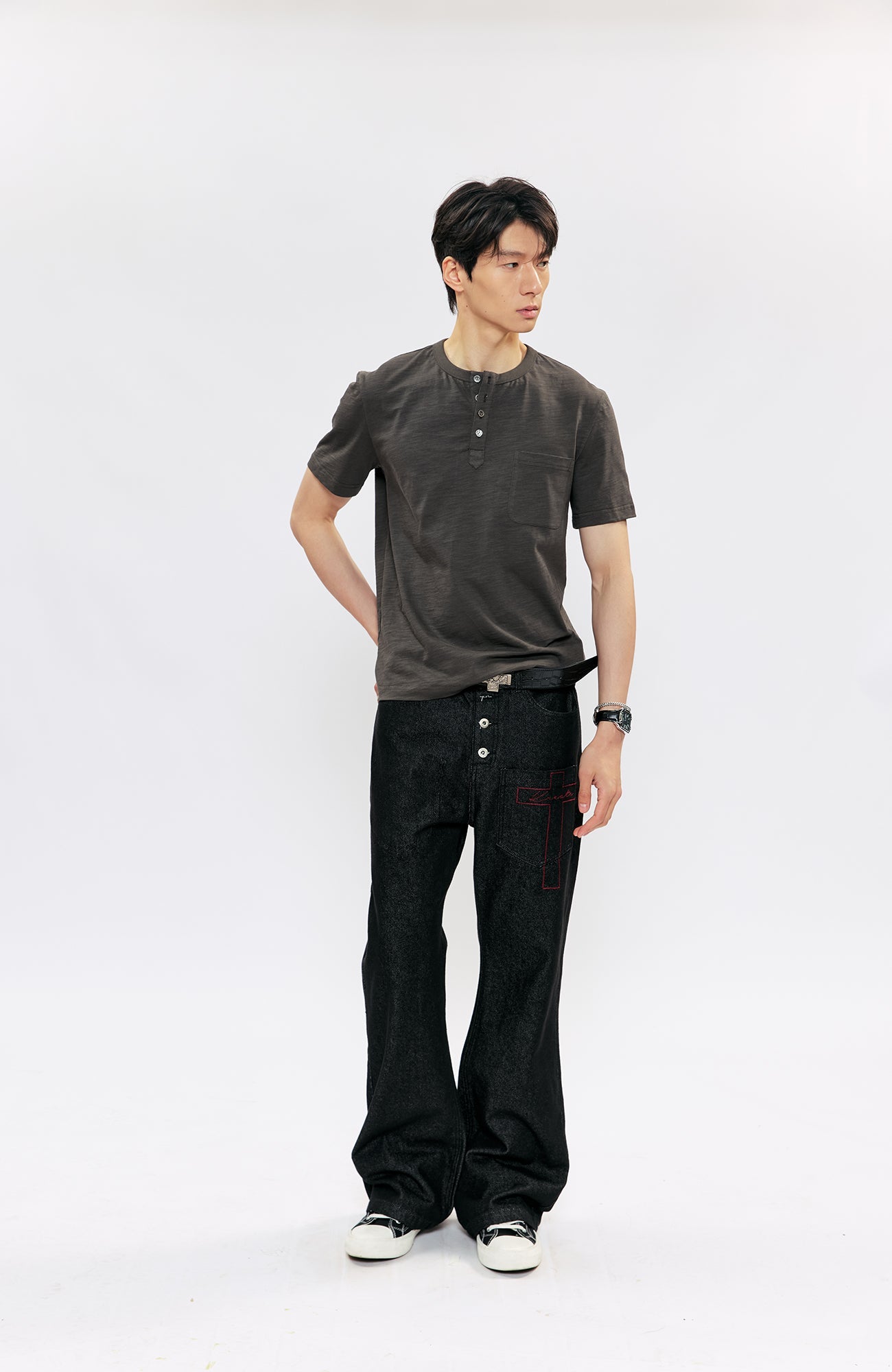 KREATE Cross-Stitch Henley T-Shirt-T Shirt-S (Preorder)-Dark Gray-Free Shipping Leatheretro