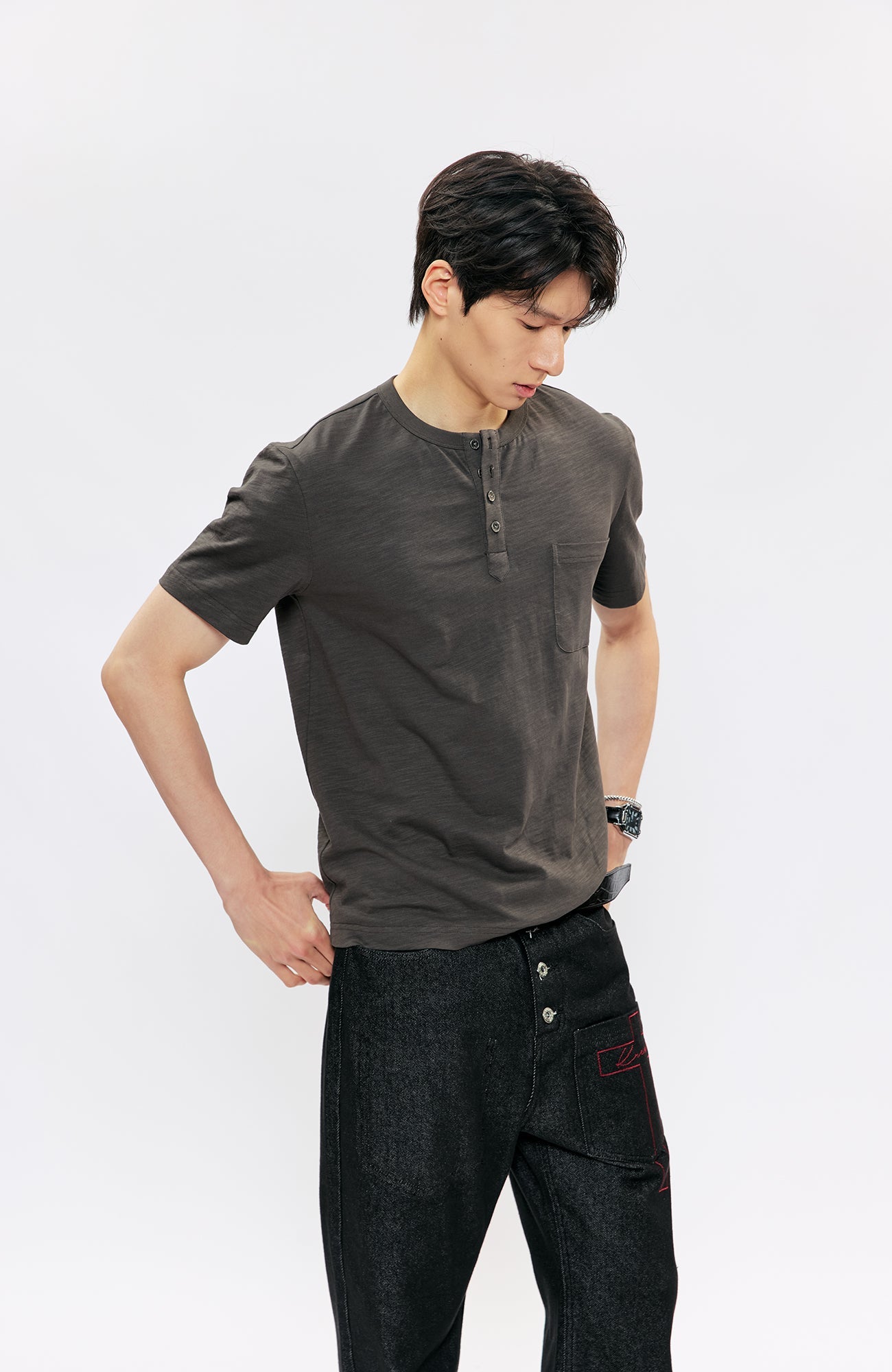 KREATE Cross-Stitch Henley T-Shirt-T Shirt-S (Preorder)-Dark Gray-Free Shipping Leatheretro