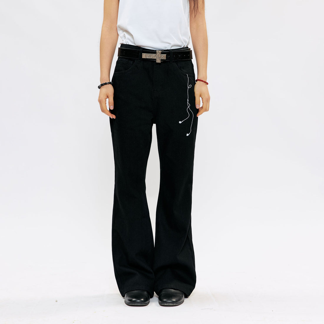 KREATE Music-Note Embroidered Flared Jeans-Jeans-S (Preorder)-White-Free Shipping Leatheretro