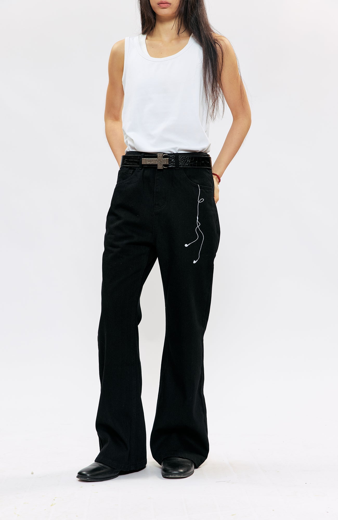 KREATE Music-Note Embroidered Flared Jeans-Jeans-S (Preorder)-White-Free Shipping Leatheretro