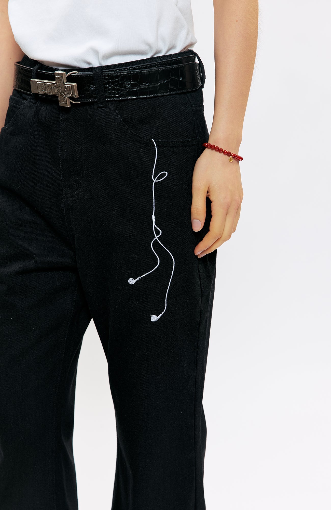 KREATE Music-Note Embroidered Flared Jeans-Jeans-S (Preorder)-White-Free Shipping Leatheretro