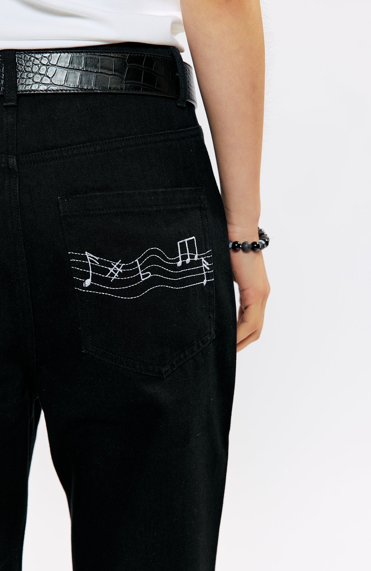 KREATE Music-Note Embroidered Flared Jeans-Jeans-S (Preorder)-White-Free Shipping Leatheretro
