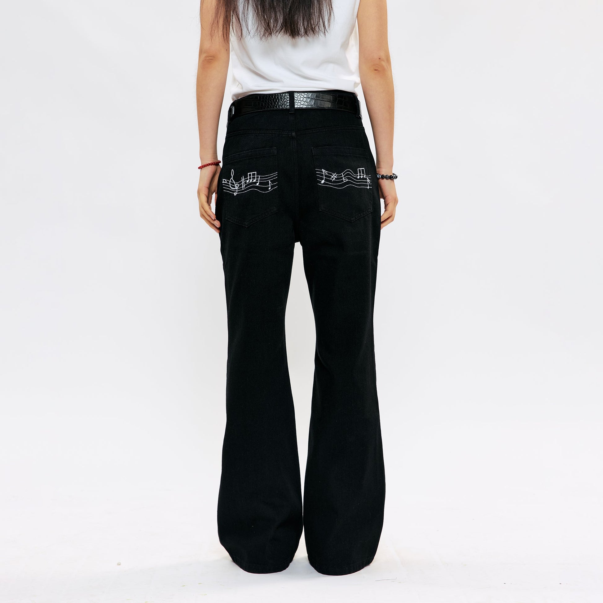 KREATE Music-Note Embroidered Flared Jeans-Jeans-S (Preorder)-White-Free Shipping Leatheretro