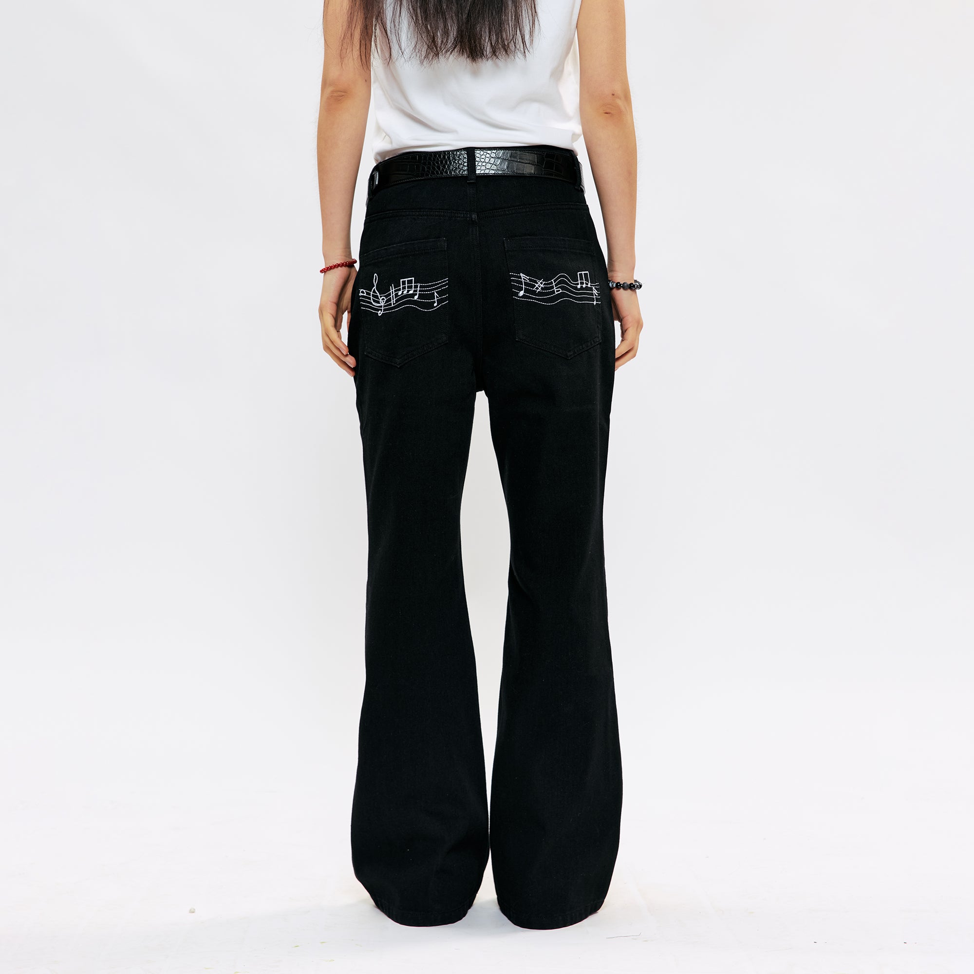 KREATE Music-Note Embroidered Flared Jeans-Jeans-S (Preorder)-White-Free Shipping Leatheretro